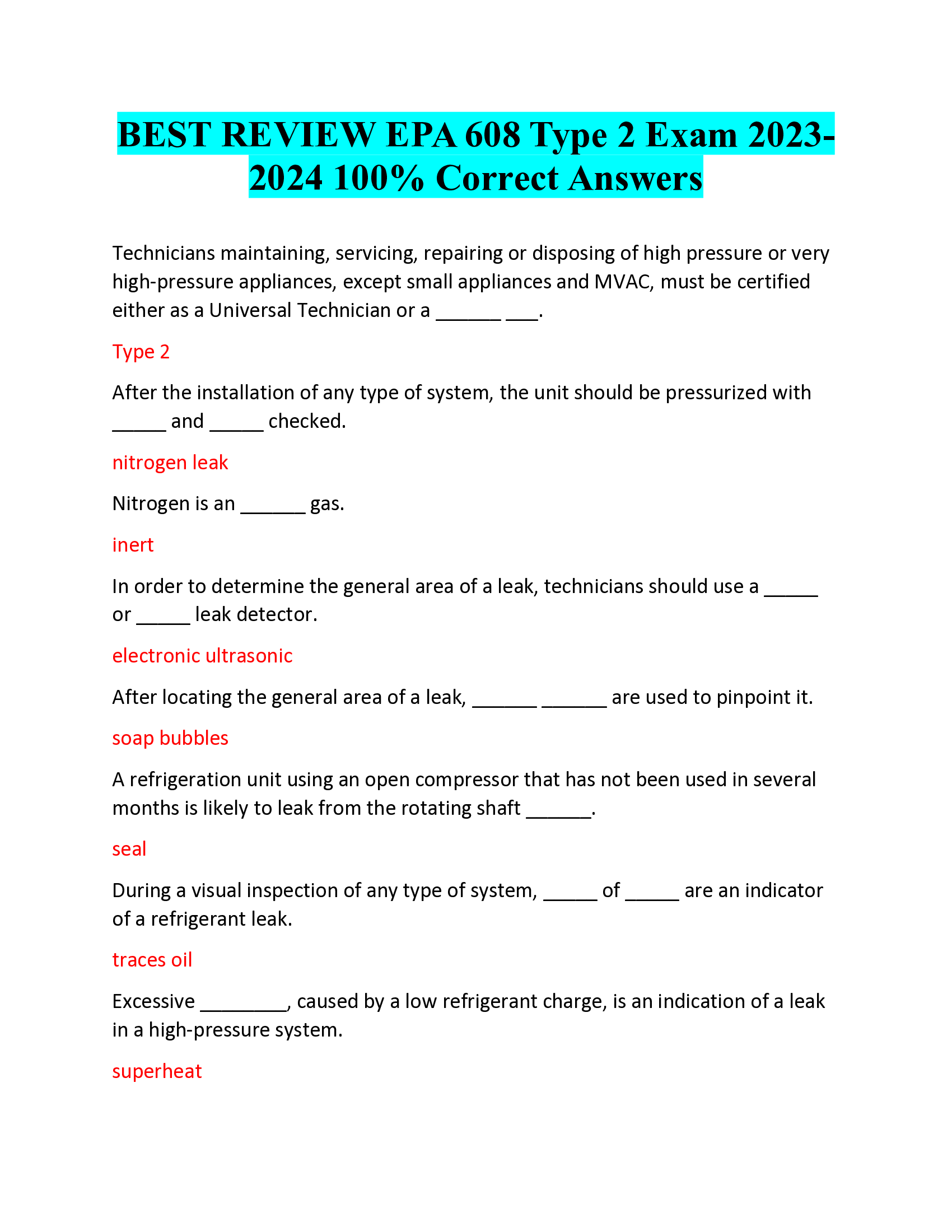 BEST REVIEW EPA 608 Type 2 Exam 2023- 2024 Correct Answers