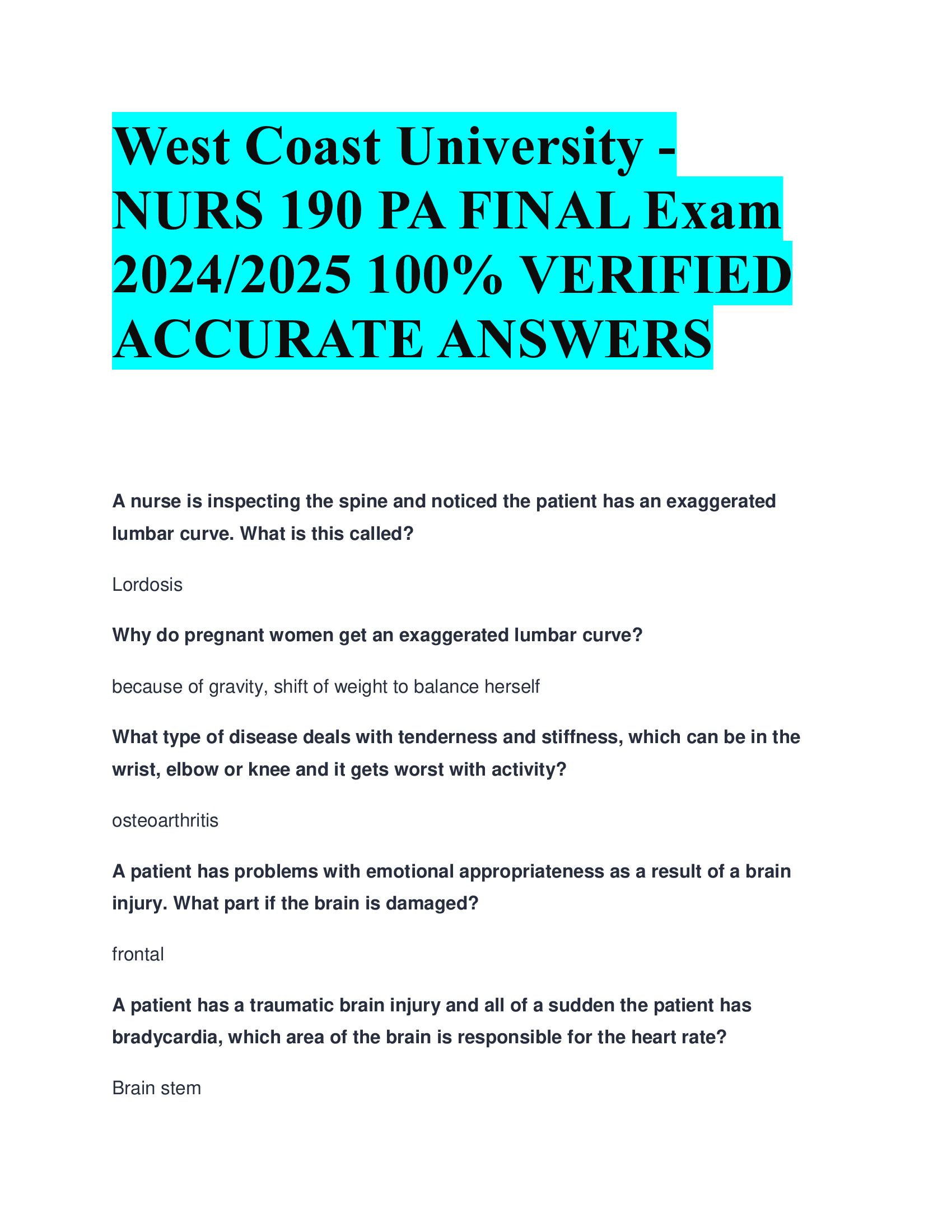 West Coast University - NURS 190 PA FINAL Exam 20242026 VERIFIED  ACCURATE ANSWERS