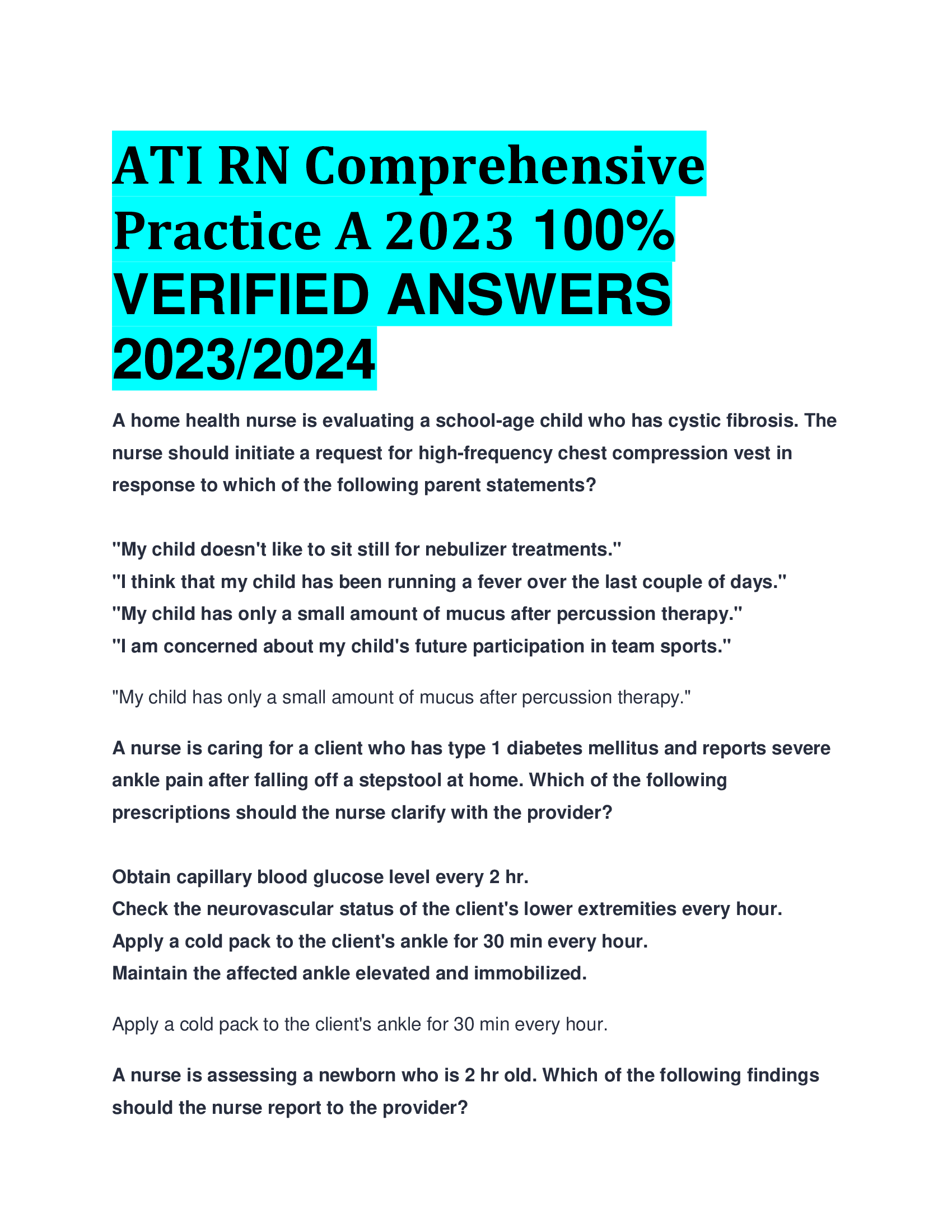 ATI RN Comprehensive Practice A  VERIFIED ANSWERS  2023,2024