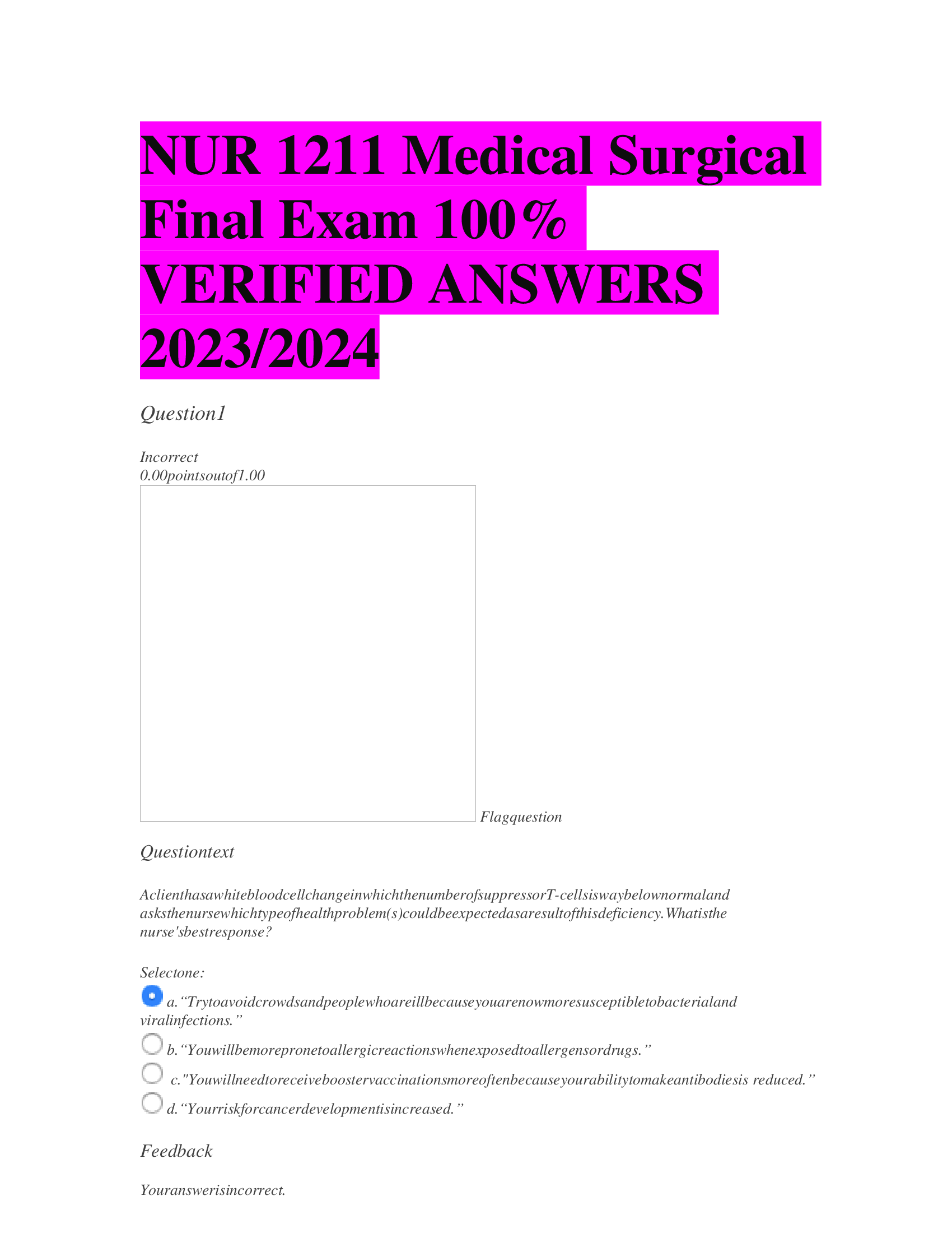 NUR 1211 Medical Surgical  Final Exam VERIFIED ANSWERS  2023,2024