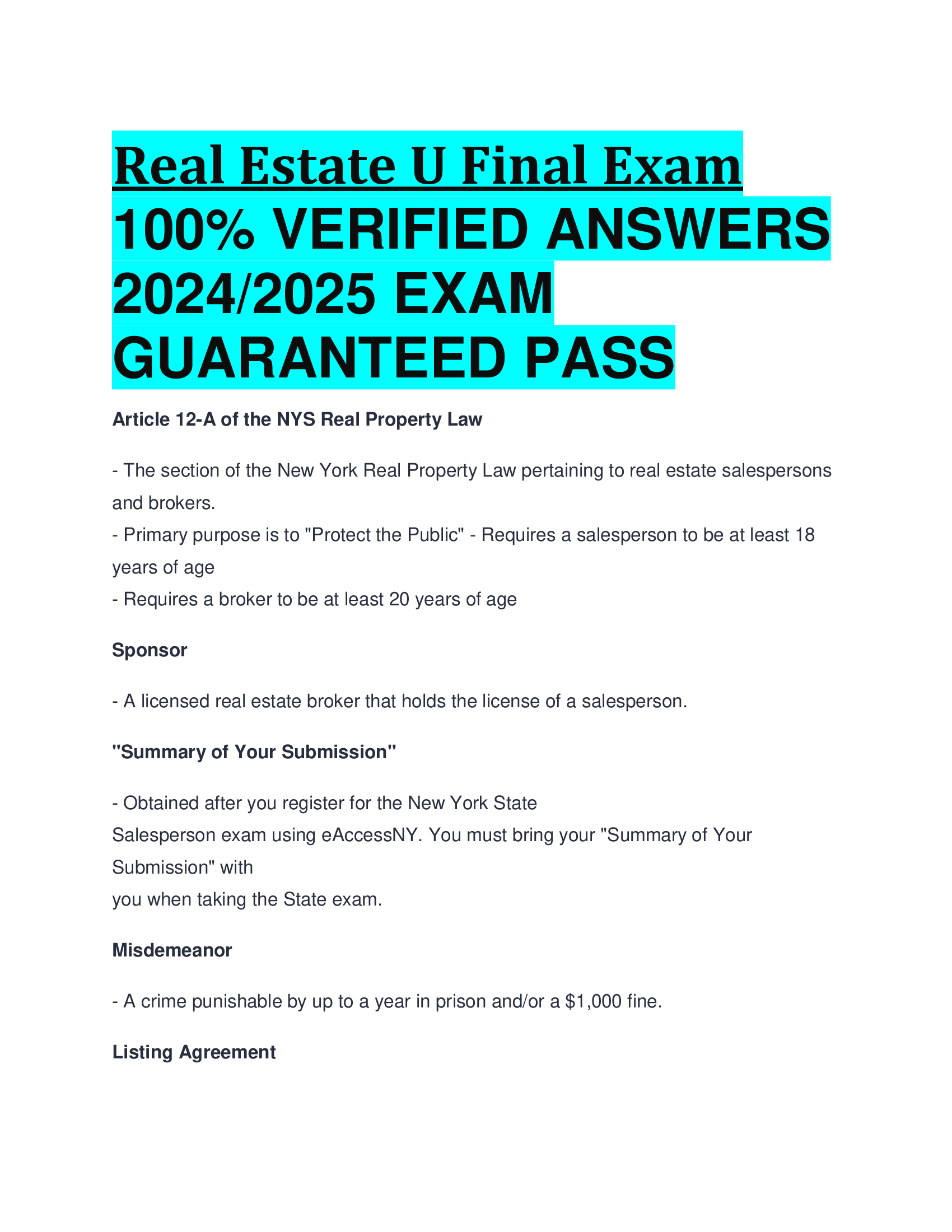 Real Estate U Final Exam VERIFIED ANSWERS  2024, 2026 EXAM  GUARANTEED PASS