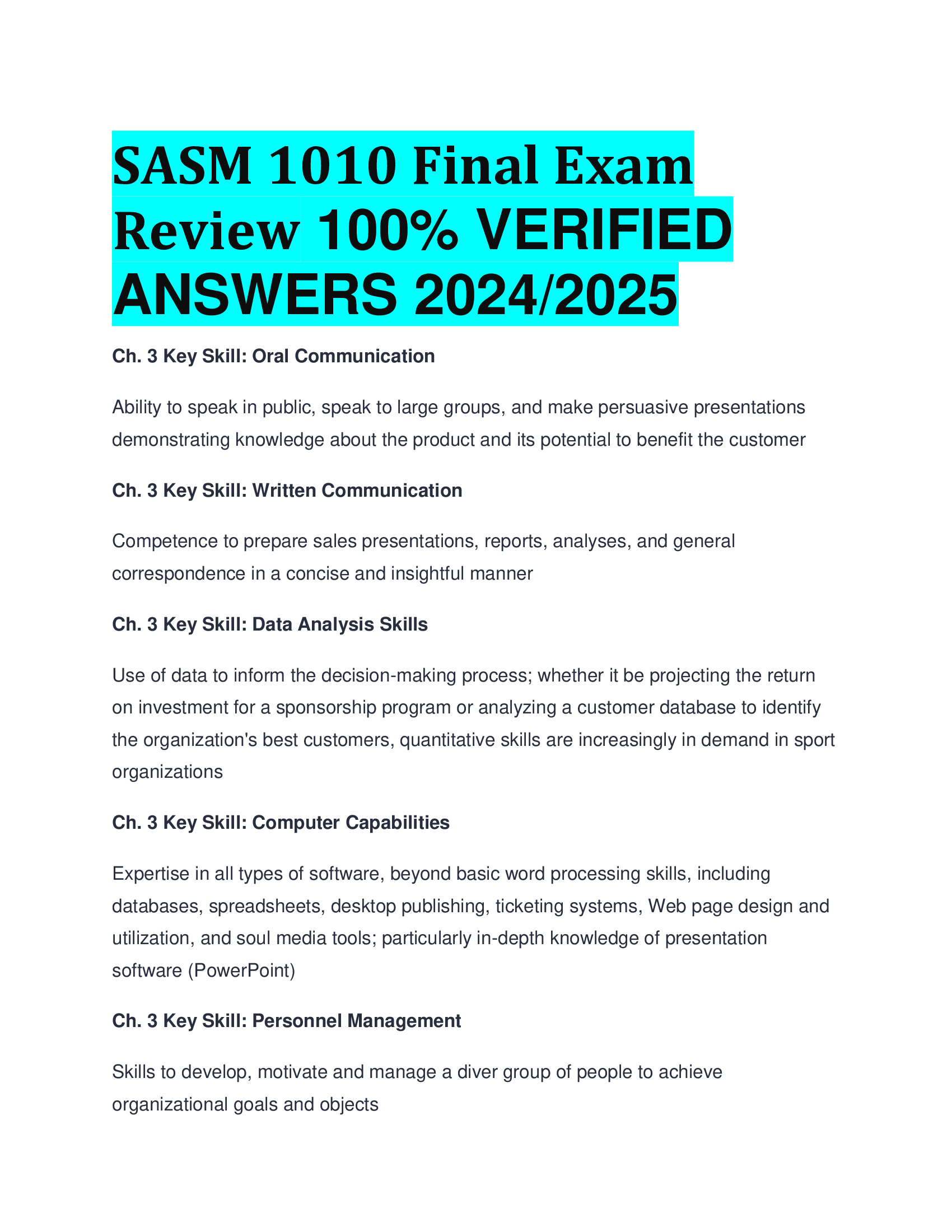 SASM 1010 Final Exam Review VERIFIED  ANSWERS 20242026