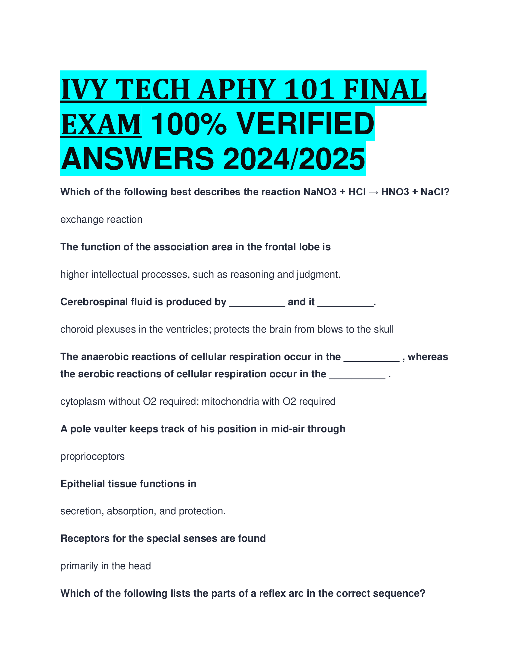 IVY TECH APHY 101 FINAL EXAM VERIFIED  ANSWERS 20242026