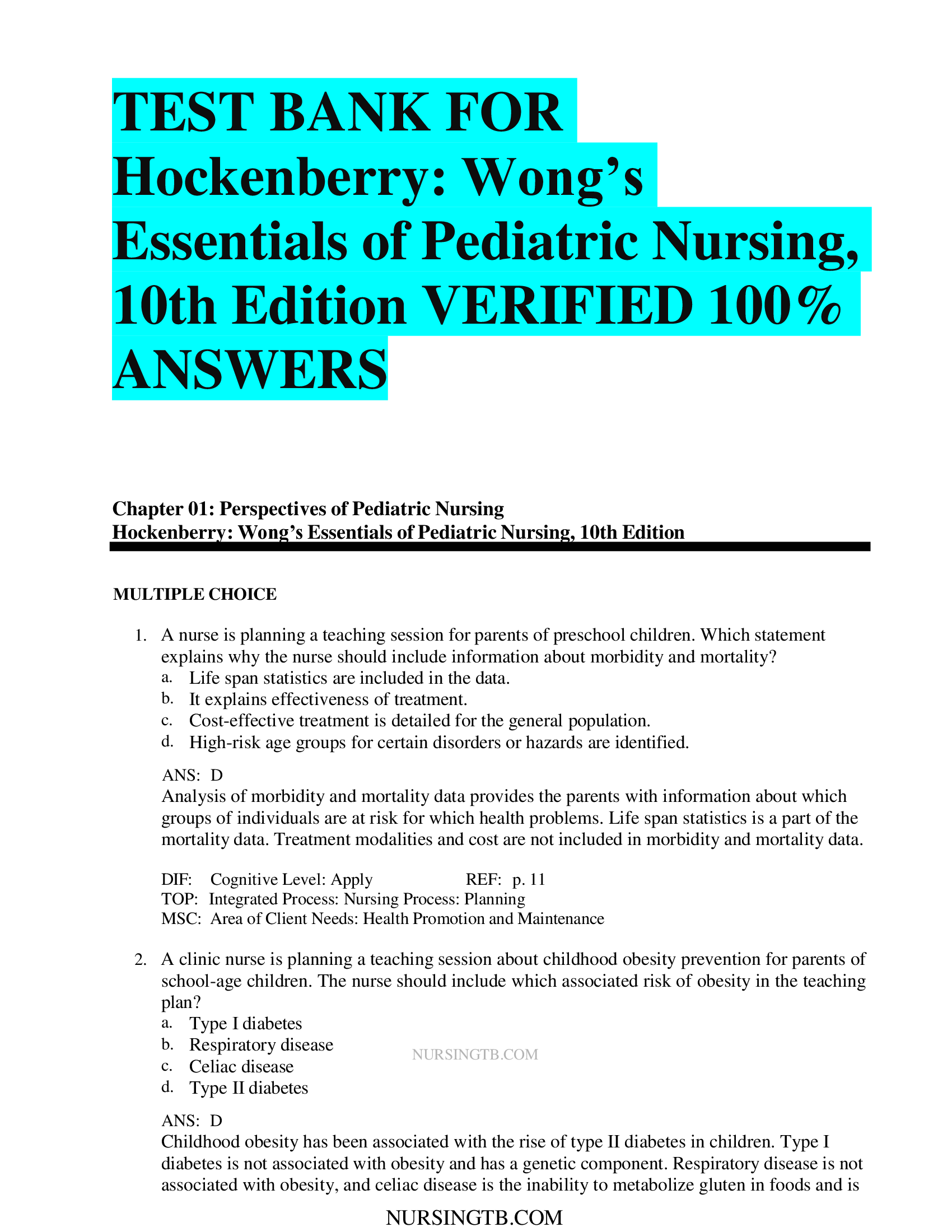TEST BANK FOR  Hockenberry: Wong’s Essentials of Pediatric Nursing, 10th Edition VERIFIED ANSWERS