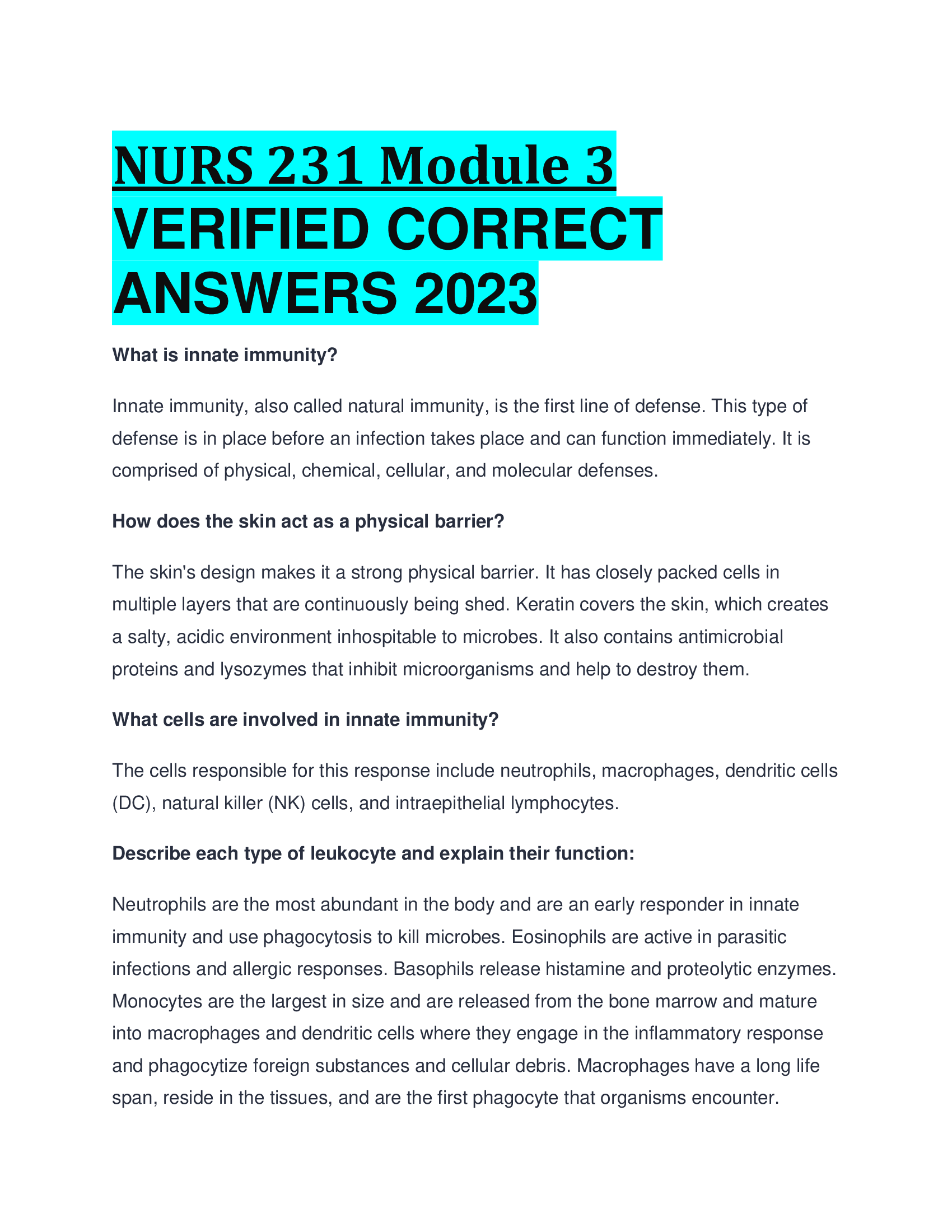 NURS 231 Module 3 VERIFIED CORRECT  ANSWERS 2023,2024