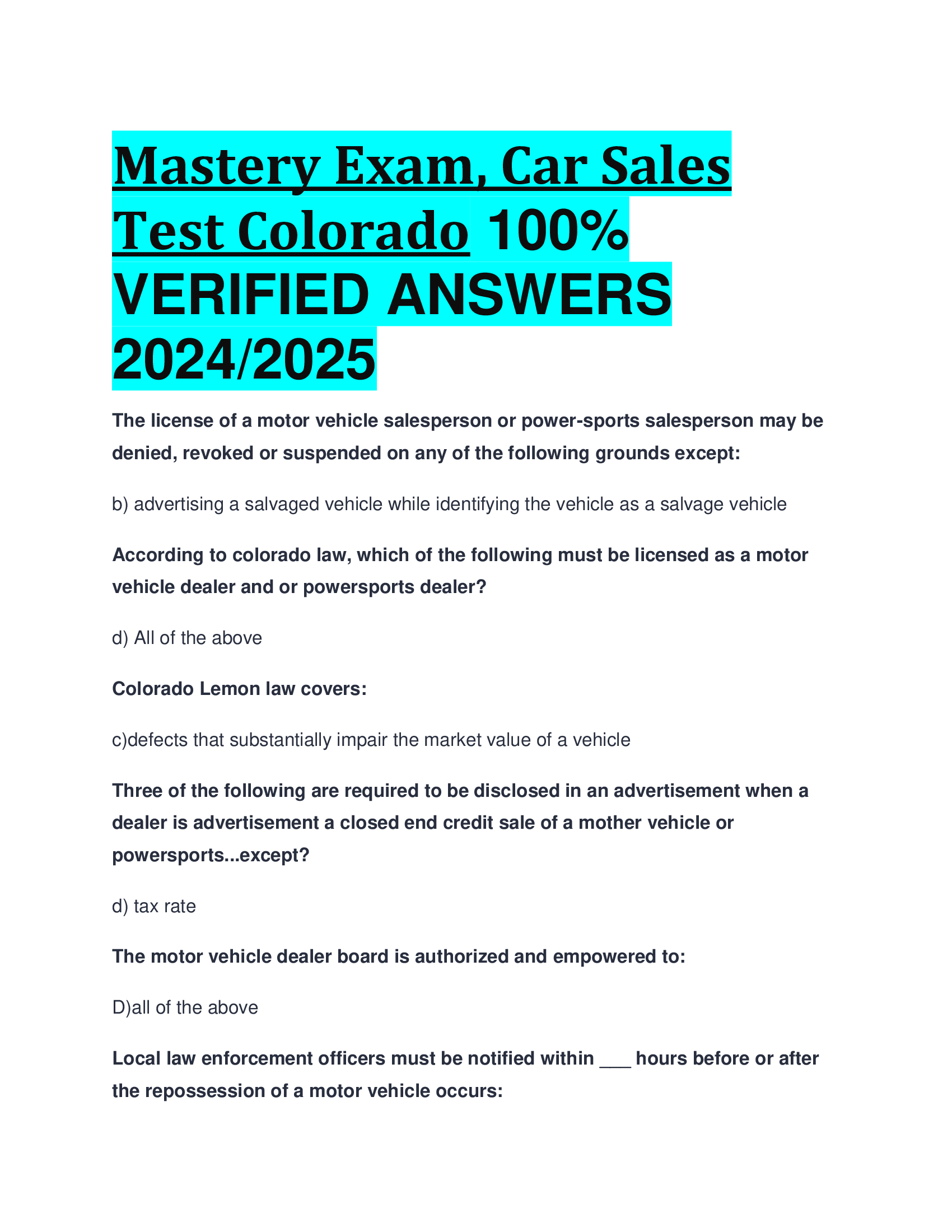 Mastery Exam, Car Sales Test Colorado VERIFIED ANSWERS  20242026