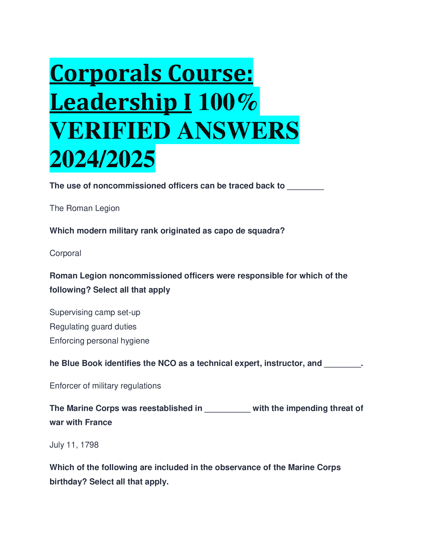 Corporals Course: Leadership I VERIFIED ANSWERS  20242026