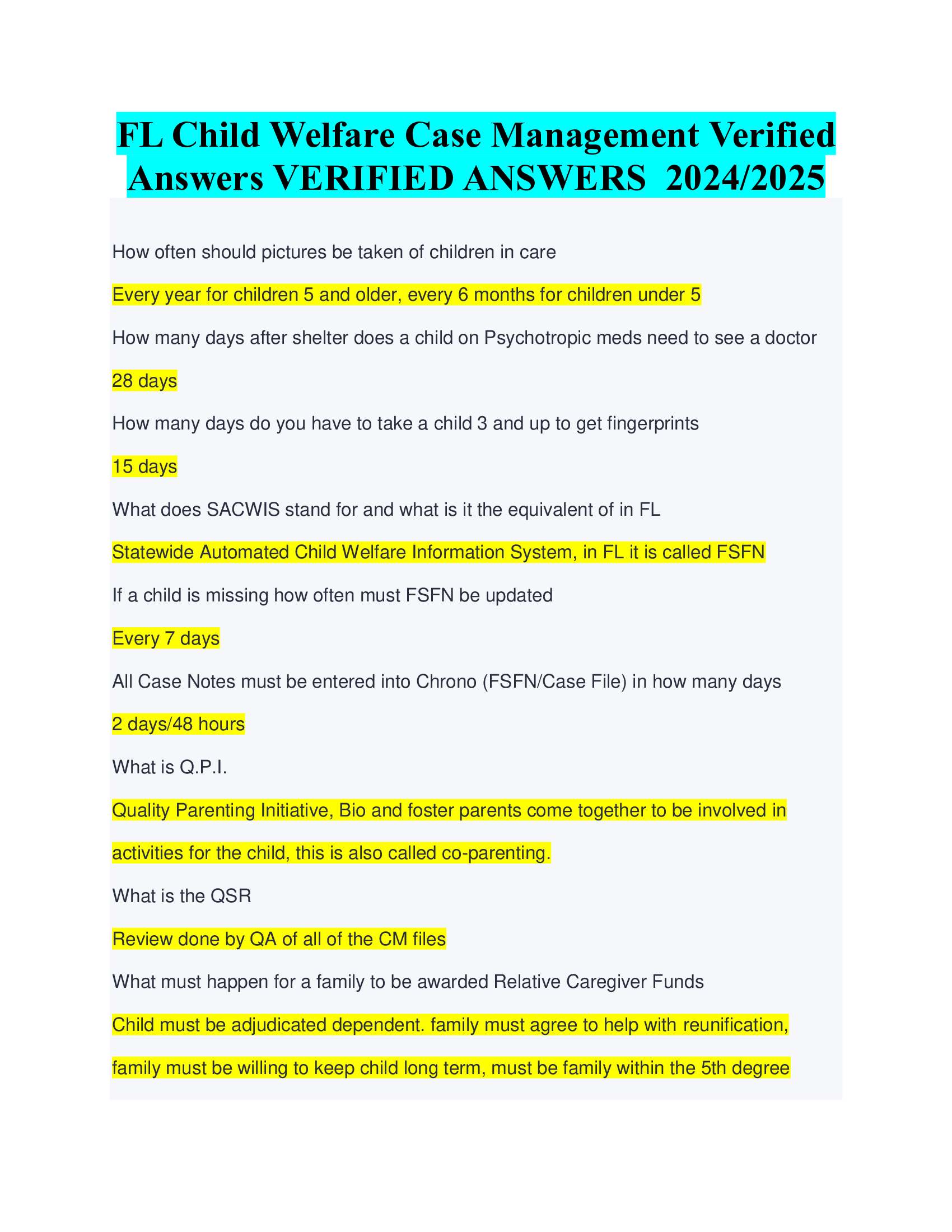 FL Child Welfare Case Management Verified  Answers VERIFIED ANSWERS 20242026