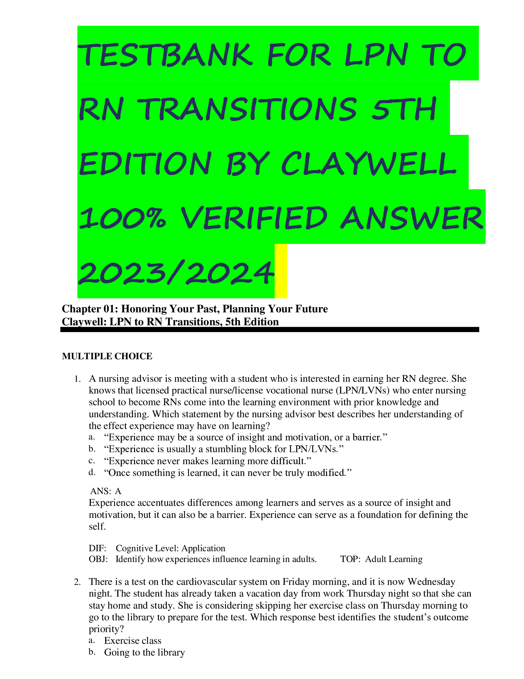 BEST ANSWERS TESTBANK FOR LPN TO RN TRANSITIONS 5TH EDITION BY CLAYWELL   VERIFIED ANSWER  2023,2024