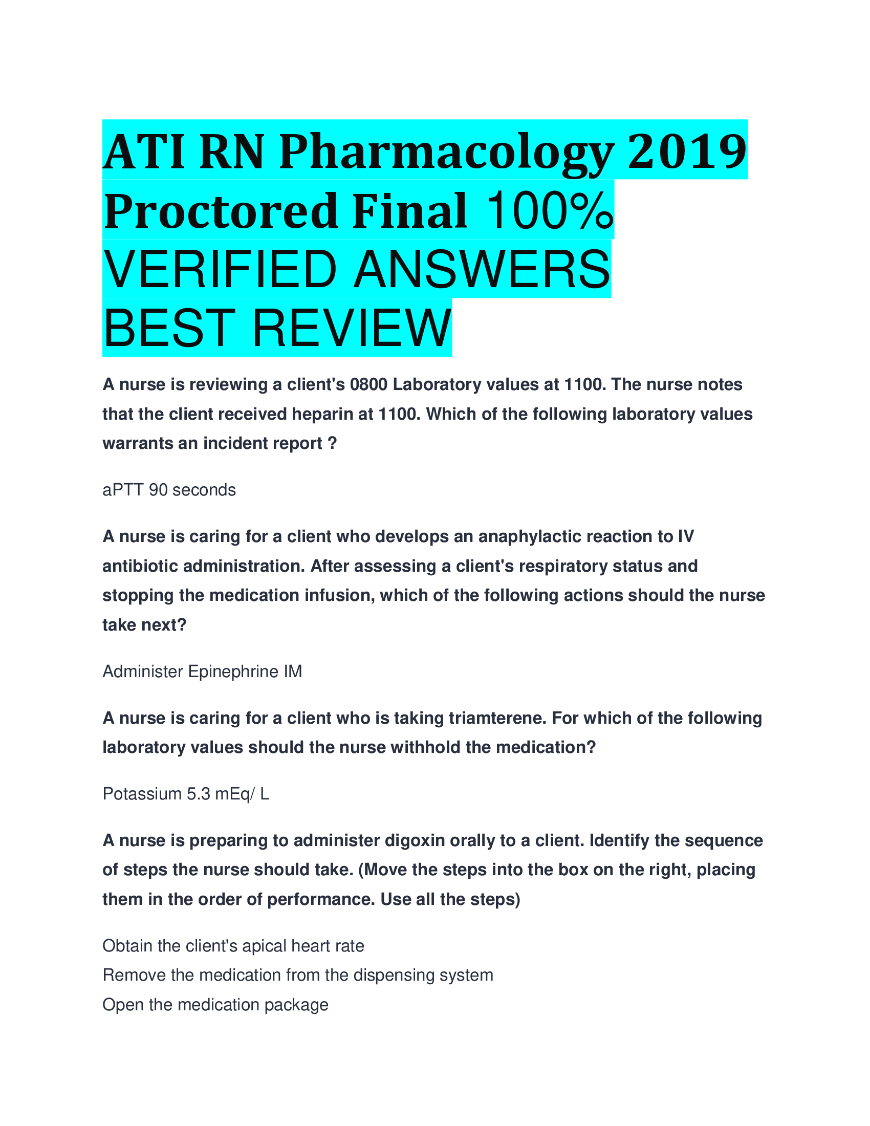 ATI RN Pharmacology 2019 Proctored Final VERIFIED ANSWERS  BEST REVIEW