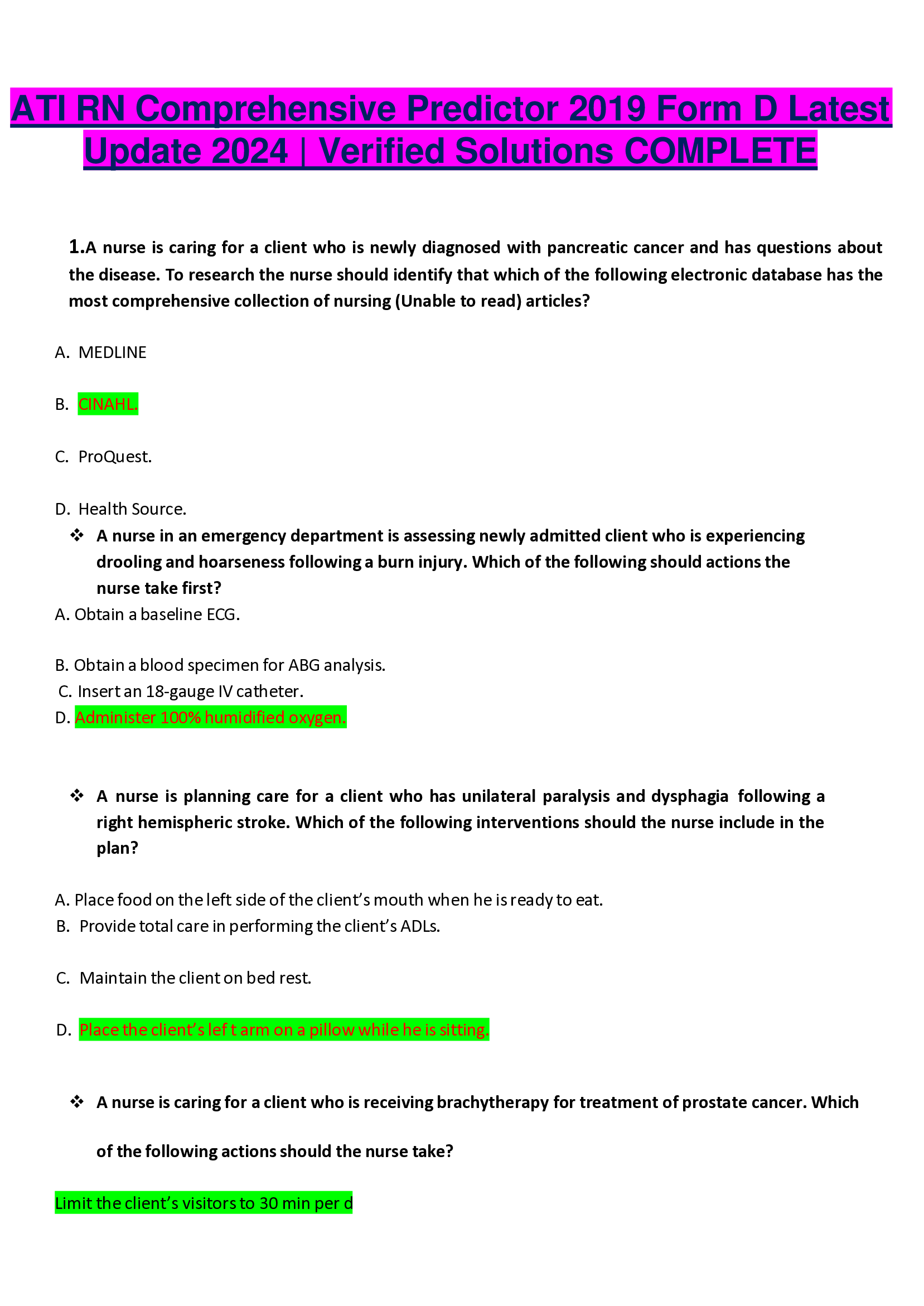 ATI RN Comprehensive Predictor 2019 Form D Latest  Update 2024 | Verified Solutions COMPLETE