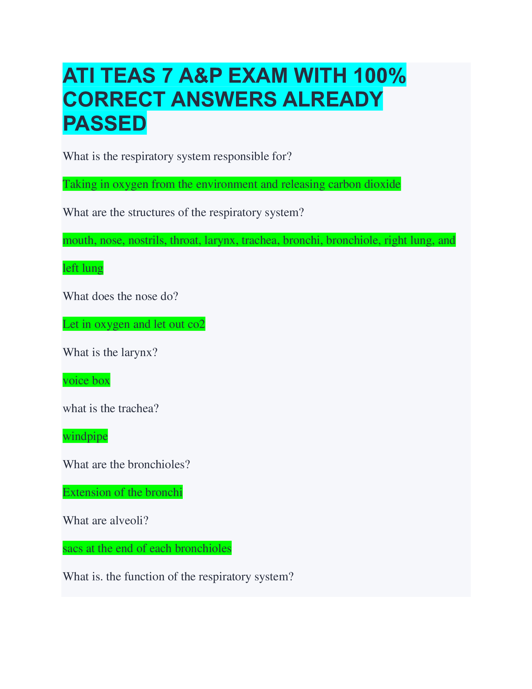 ATI TEAS 7 A&P EXAM WITH  CORRECT ANSWERS ALREADY  PASSED