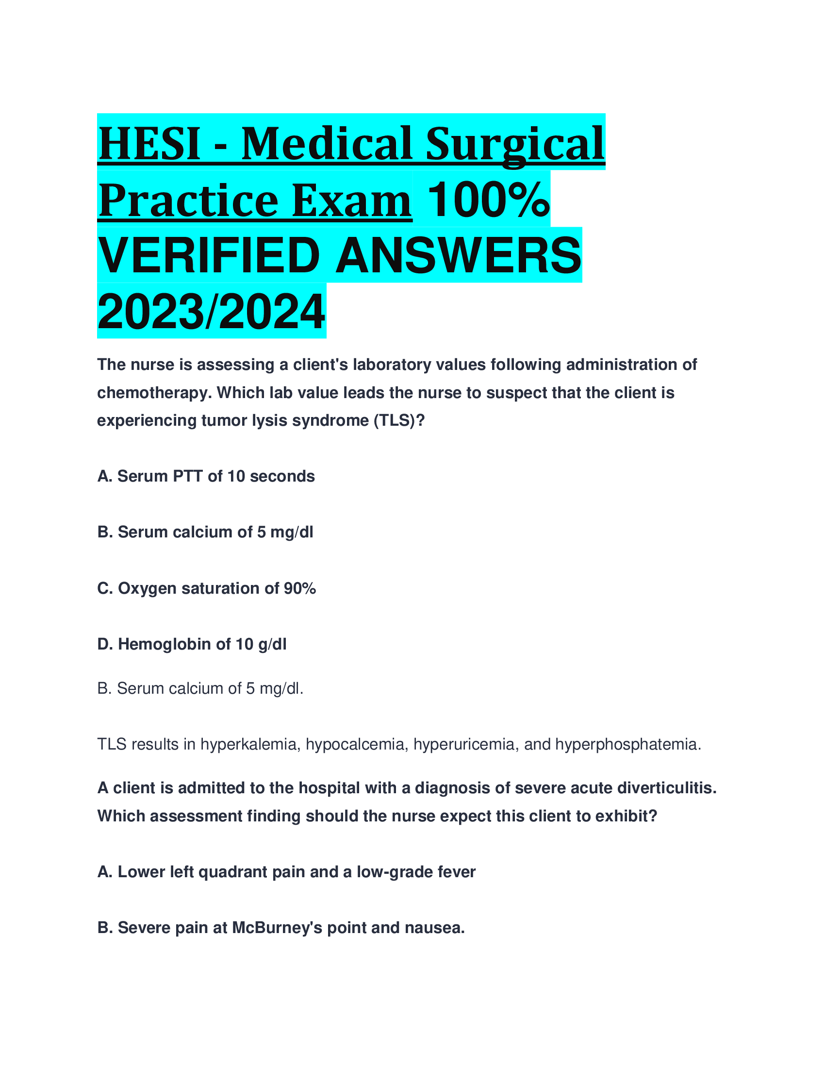 HESI - Medical Surgical Practice Exam  VERIFIED ANSWERS  2023,2024