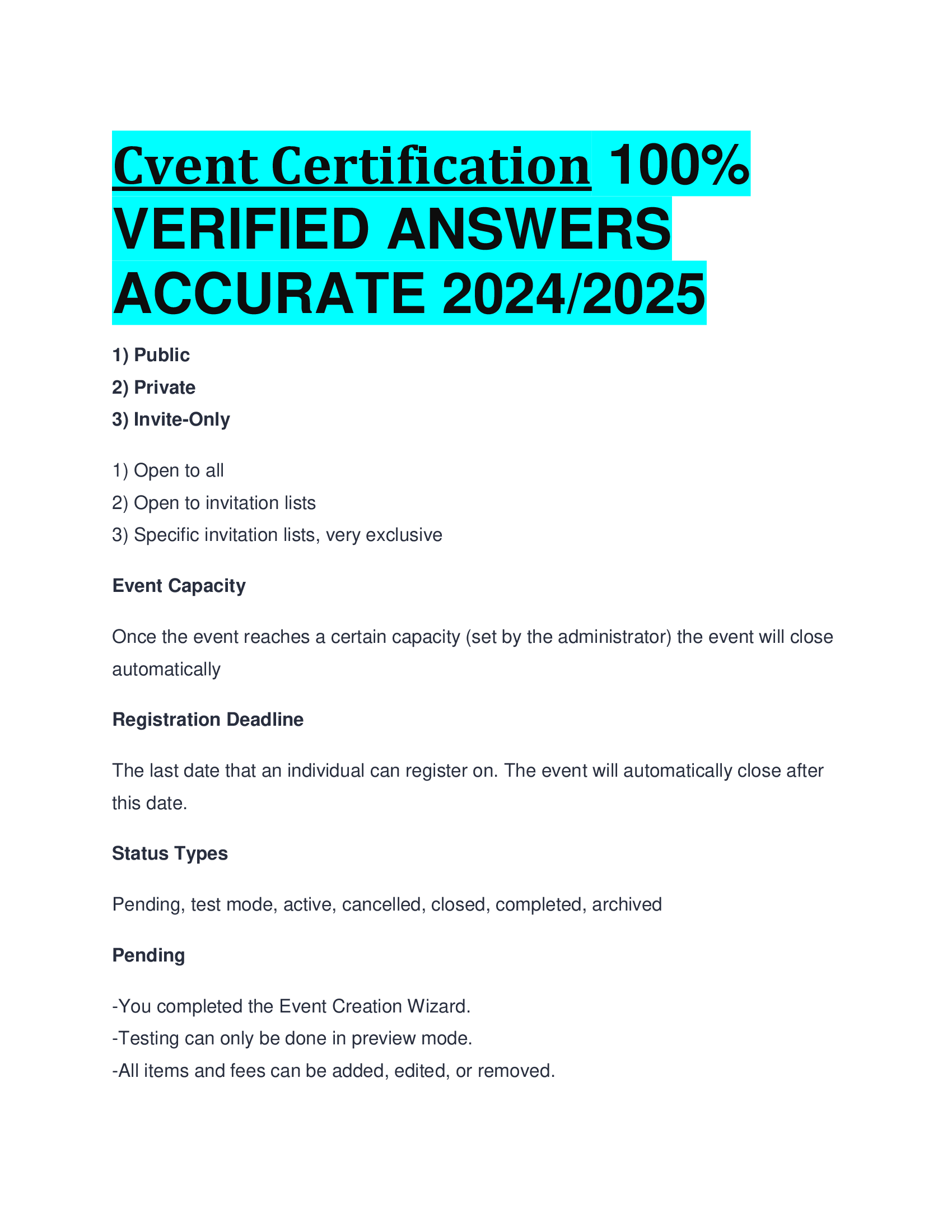 Cvent Certification VERIFIED ANSWERS  ACCURATE 20242026