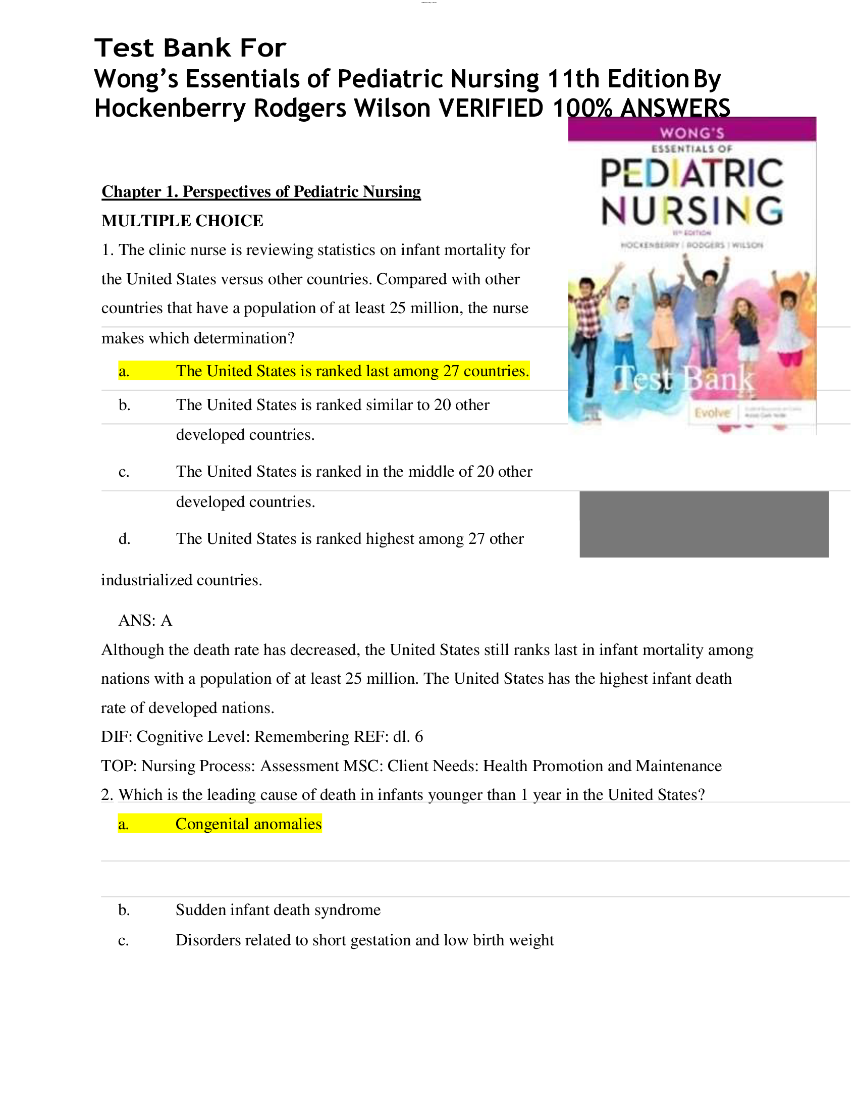 Test Bank For Wong’s Essentials of Pediatric Nursing 11th Edition By Hockenberry Rodgers Wilson VERIFIED  ANSWERS