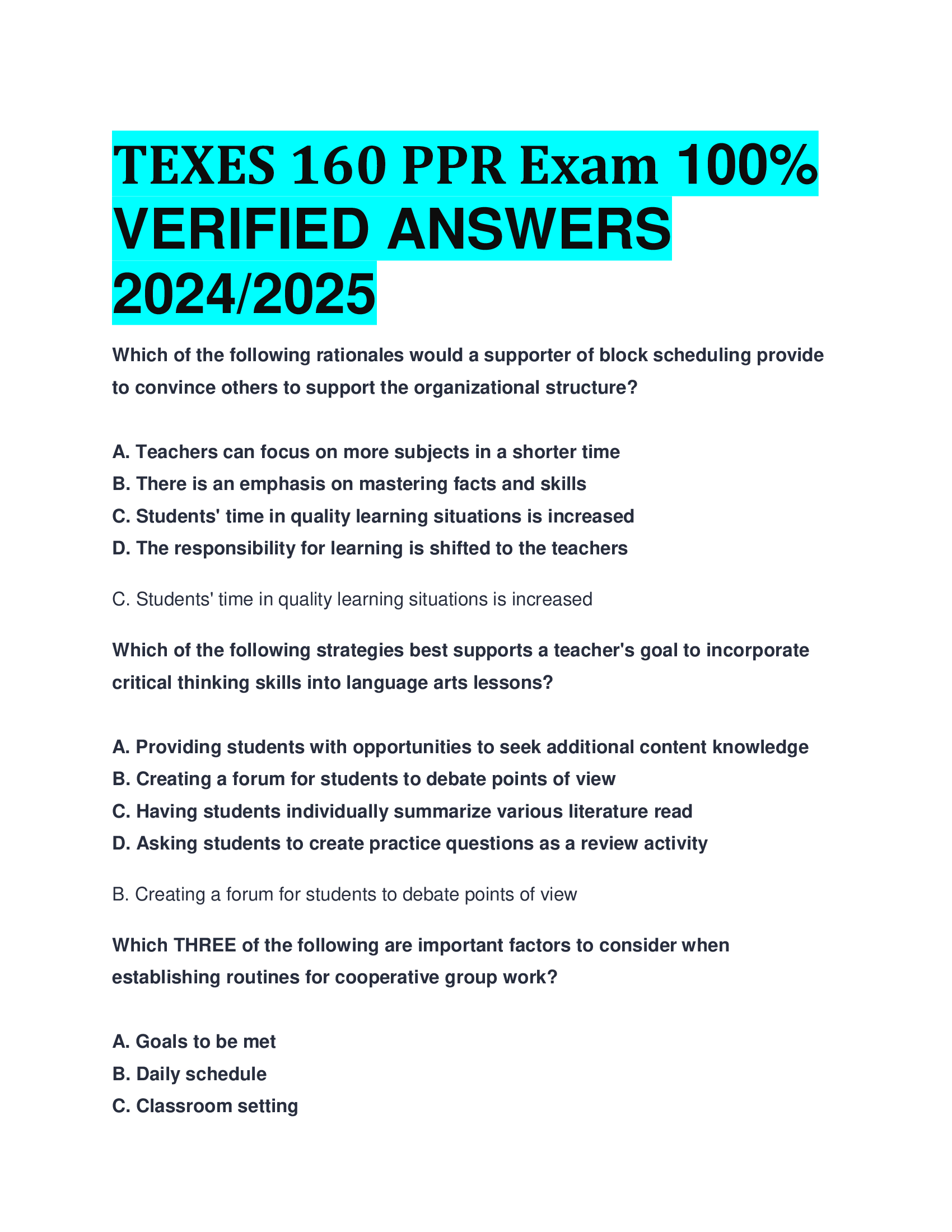 TEXES 160 PPR Exam VERIFIED ANSWERS  20242026