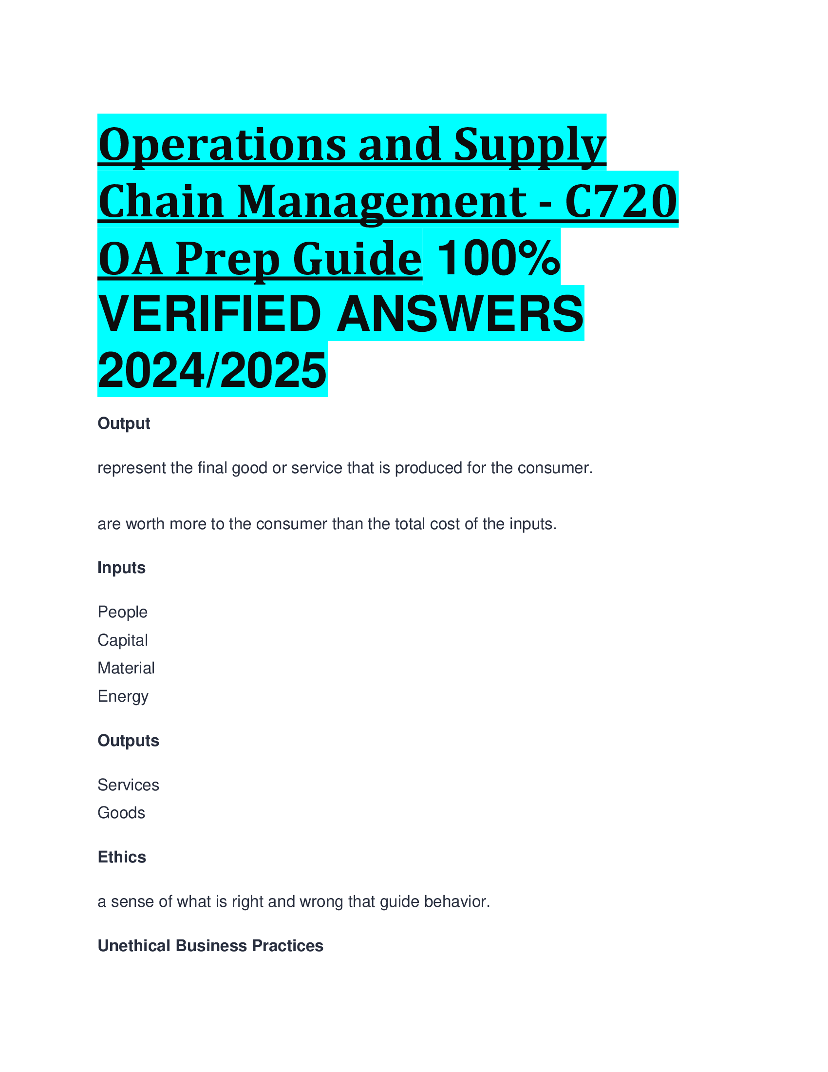 Operations and Supply Chain Management - C720 OA Prep Guide VERIFIED ANSWERS  2024, 2026