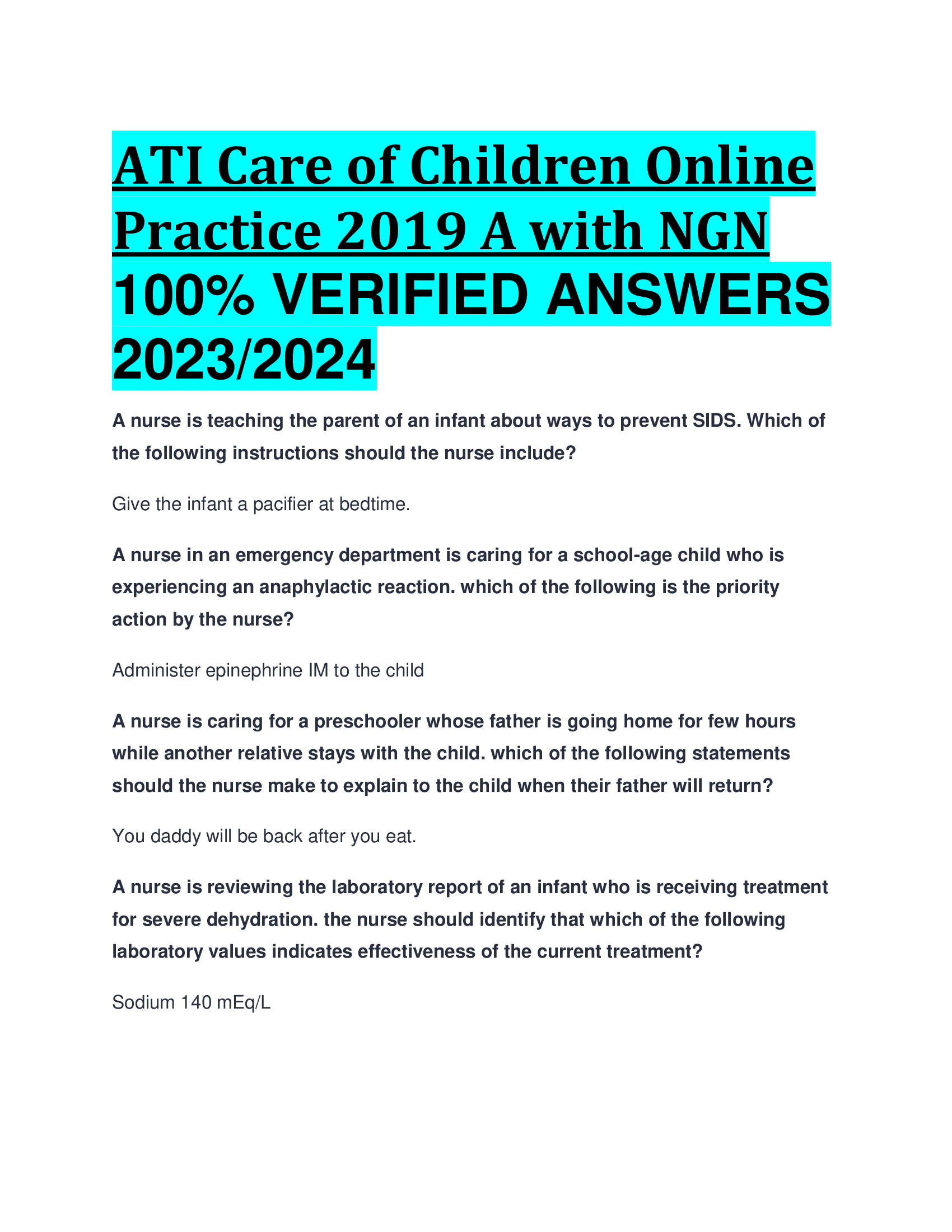 ATI Care of Children Online Practice 2019 A with NGN  VERIFIED ANSWERS  2023,2024