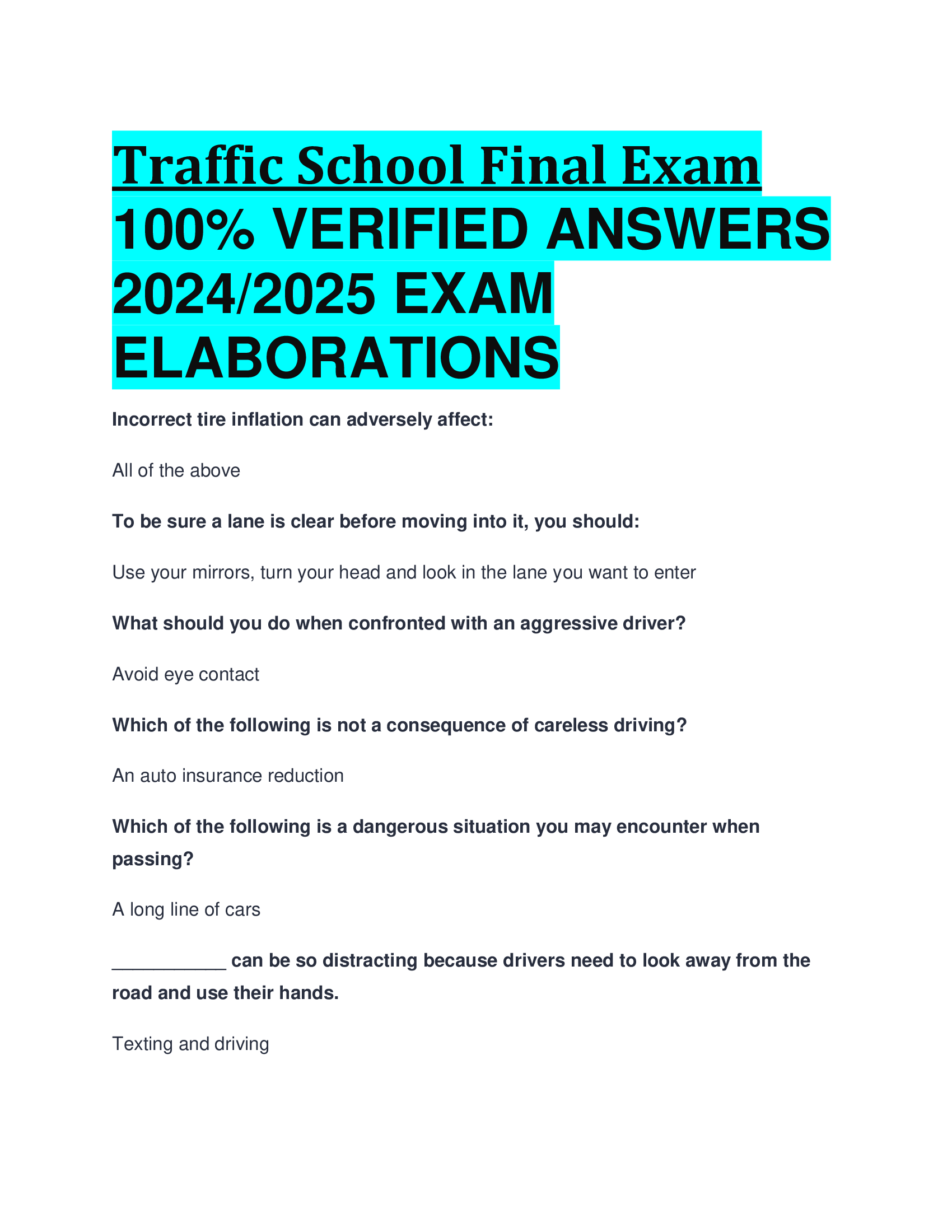 Traffic School Final Exam VERIFIED ANSWERS  20242026 EXAM  ELABORATIONS