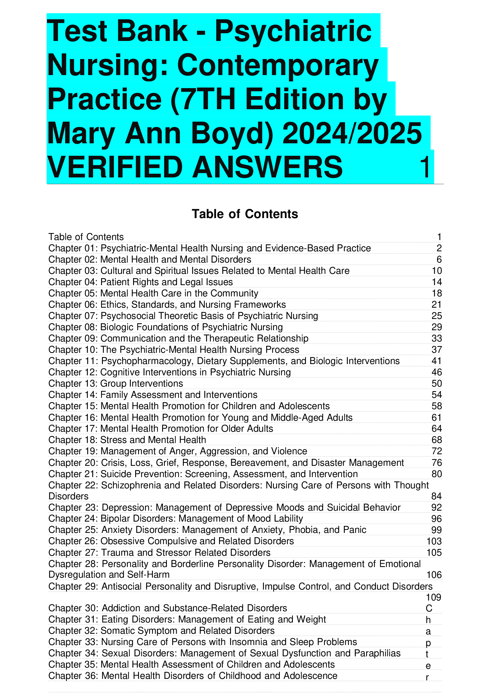 Test Bank - Psychiatric  Nursing: Contemporary Practice 7TH Edition by Mary Ann Boyd 20242026  VERIFIED ANSWERS