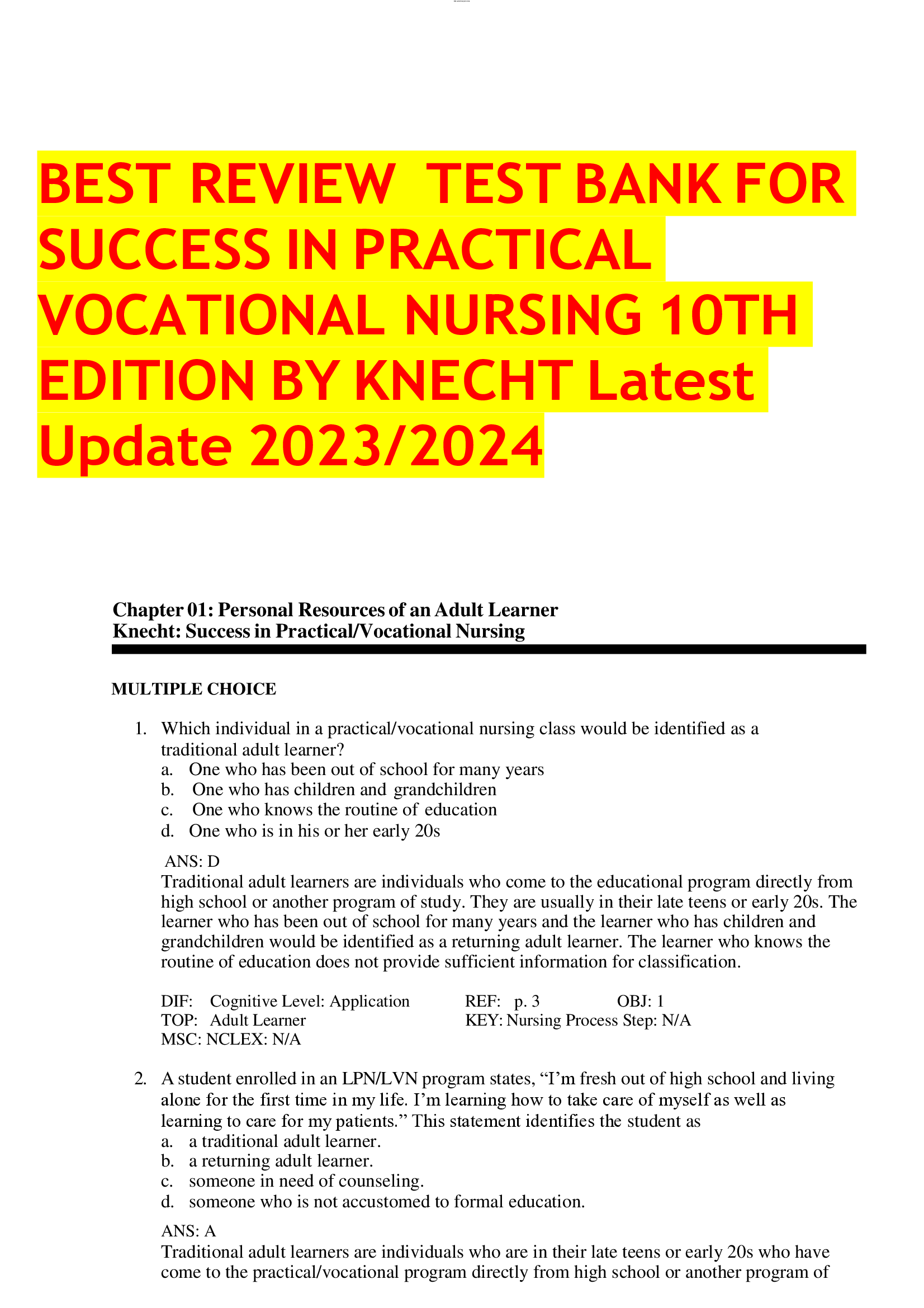 BEST REVIEW TEST BANK FOR SUCCESS IN PRACTICAL VOCATIONAL NURSING 10TH EDITION BY KNECHT Latest Update 2023,2024