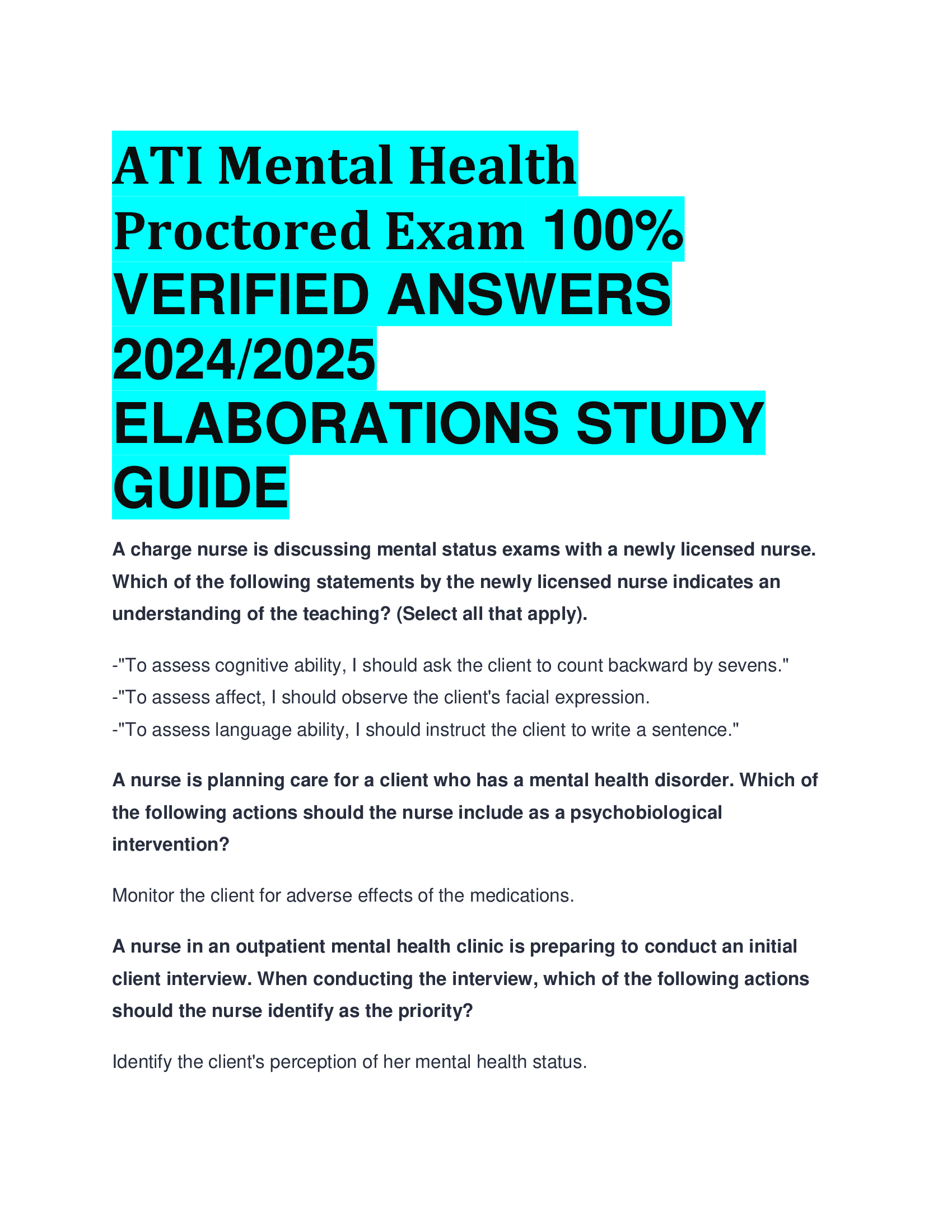ATI Mental Health Proctored Exam VERIFIED ANSWERS  20242026  ELABORATIONS STUDY  GUIDE