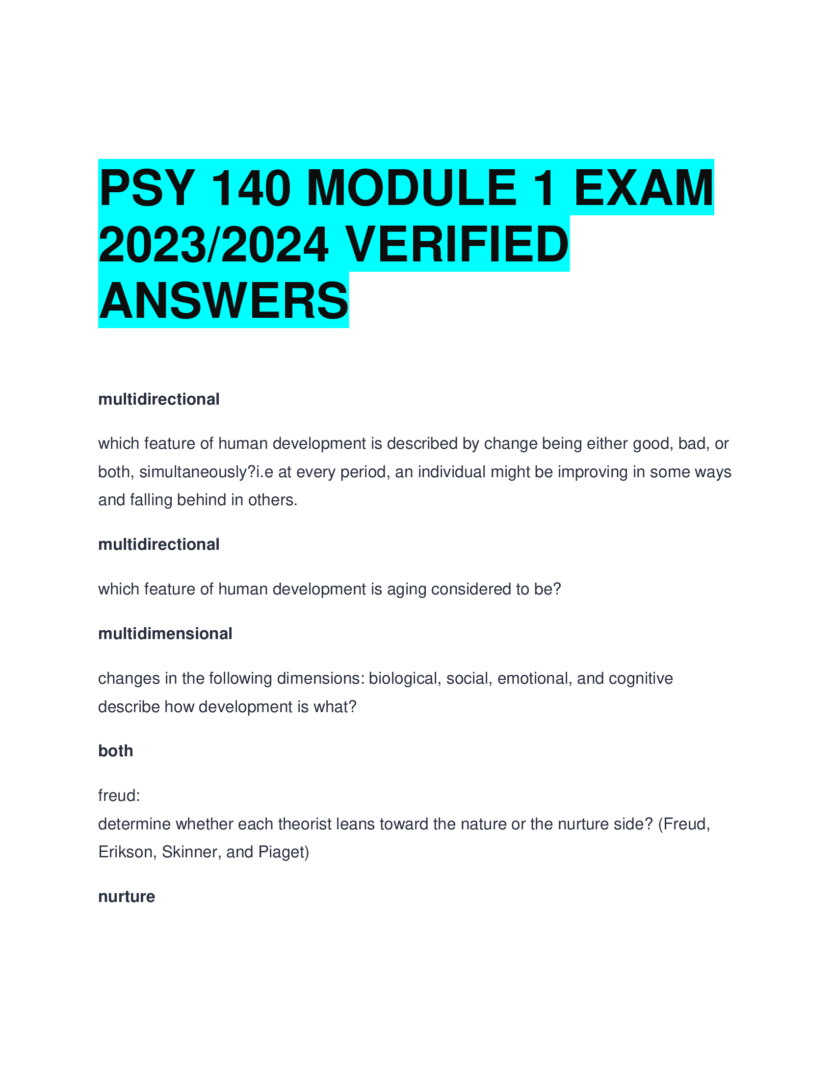 PSY 140 MODULE 1 EXAM  2023,2024 VERIFIED  ANSWERS