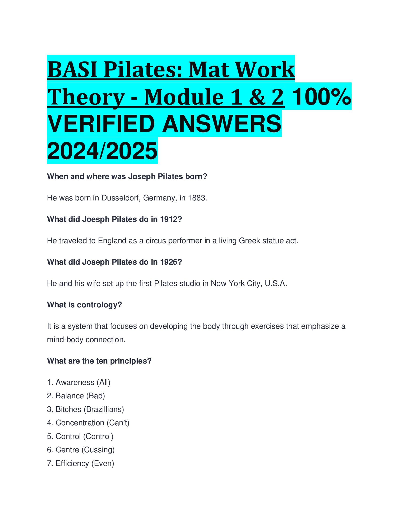 BASI Pilates: Mat Work Theory - Module 1 & 2 100 Percent  VERIFIED ANSWERS  2024, 2026