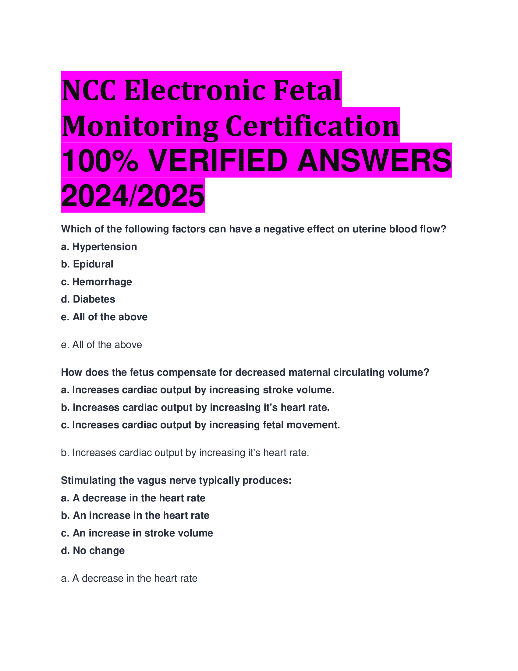 BEST ANSWERS NCC Electronic Fetal Monitoring Certification 100 Percent VERIFIED ANSWERS  2024, 2026