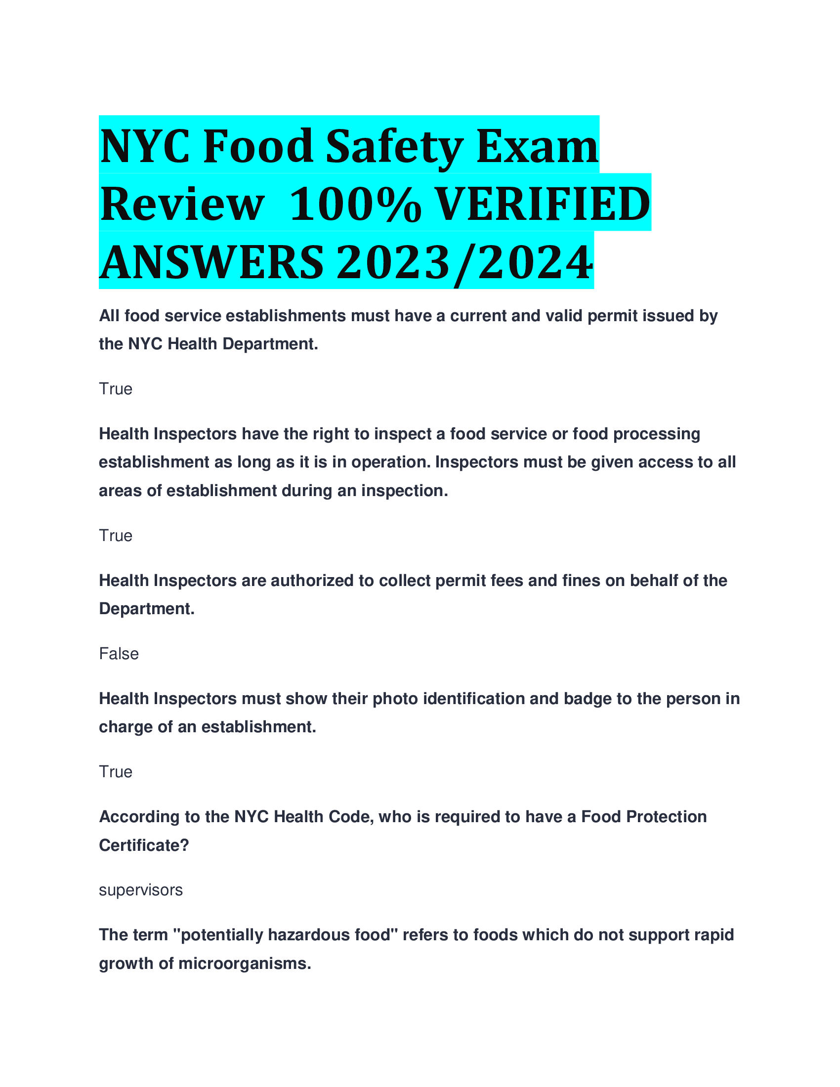 NYC Food Safety Exam Review  VERIFIED ANSWERS 2023,2024