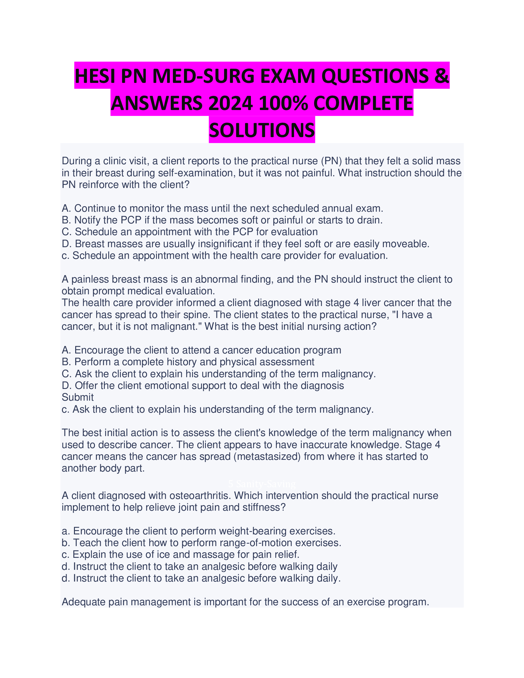 BEST ANSWERS HESI PN MED-SURG EXAM QUESTIONS &  ANSWERS 2024 100 Percent COMPLETE  SOLUTIONS