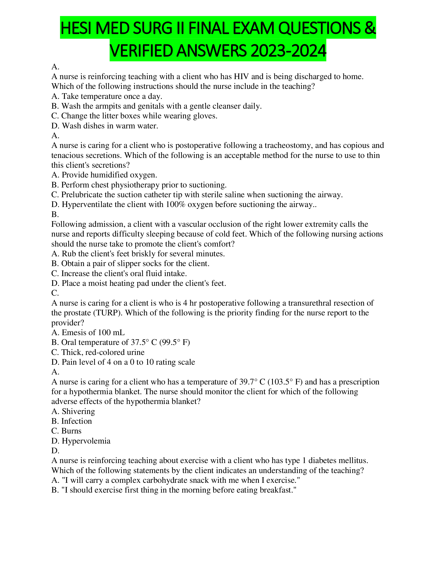 HESI MED SURG II FINAL EXAM QUESTIONS &  VERIFIED ANSWERS 2023-2024