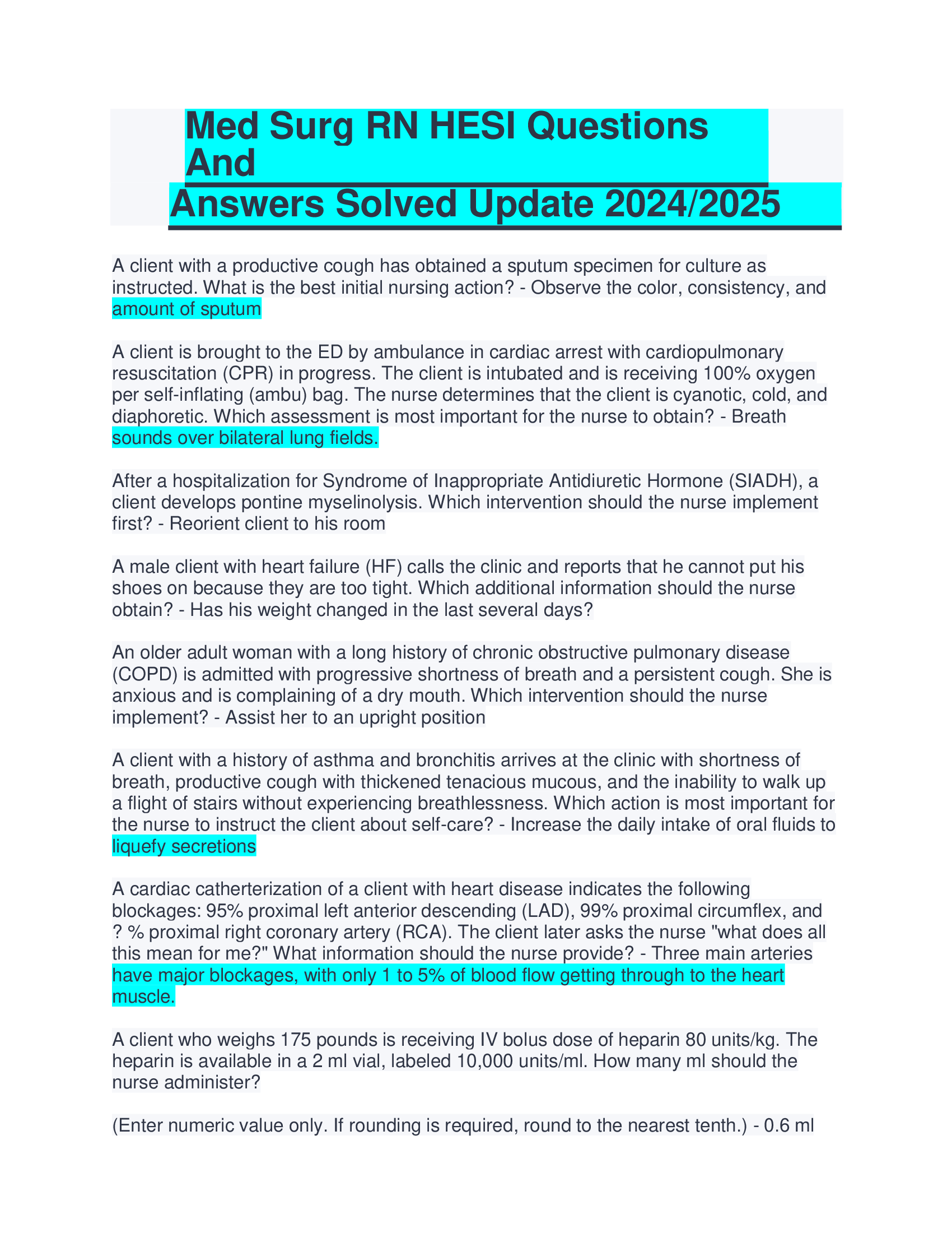 Med Surg RN HESI Questions And Answers Solved Update 20242026