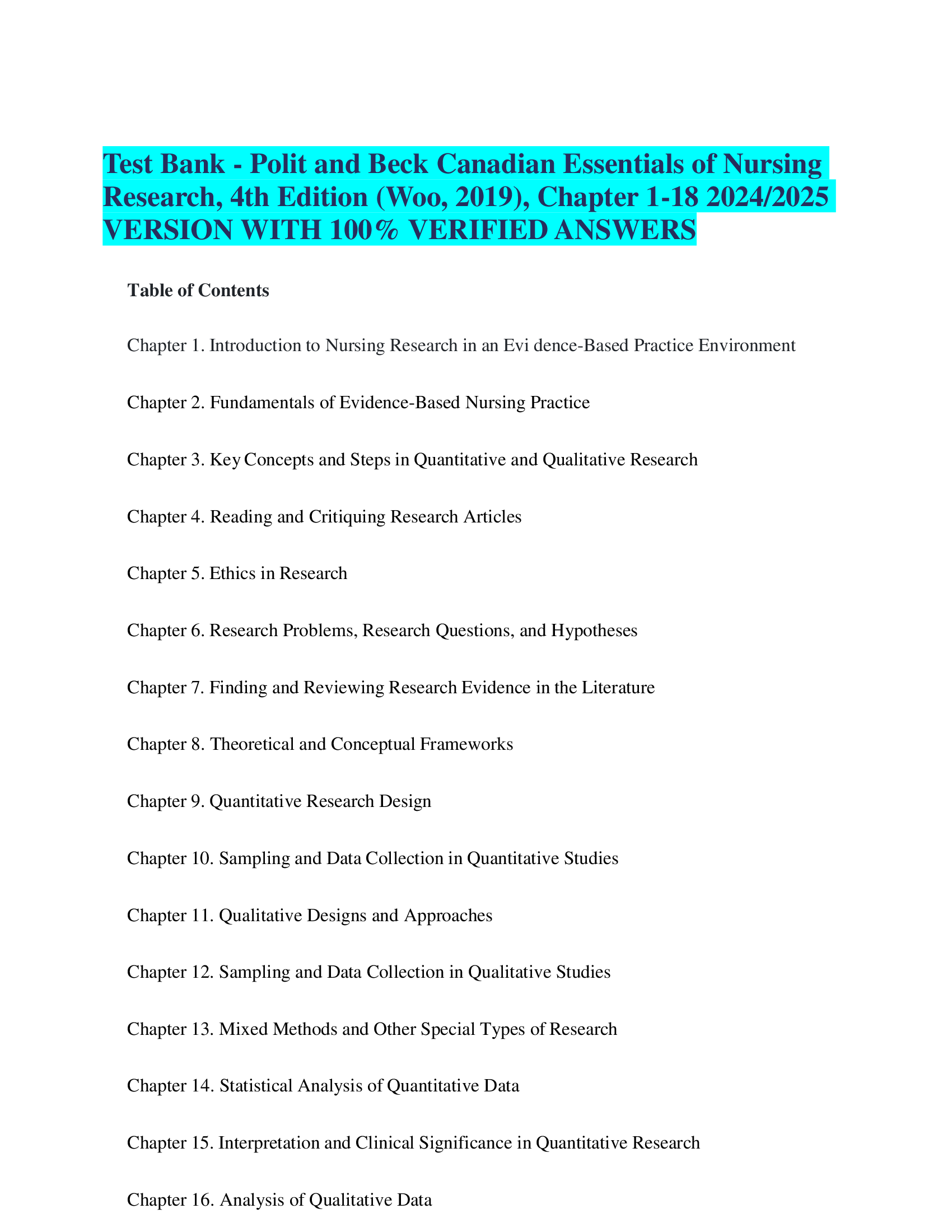 Test Bank - Polit and Beck Canadian Essentials of Nursing  Research, 4th Edition Woo, 2019), Chapter 1-18 20242026  VERSION WITH VERIFIED ANSWERS