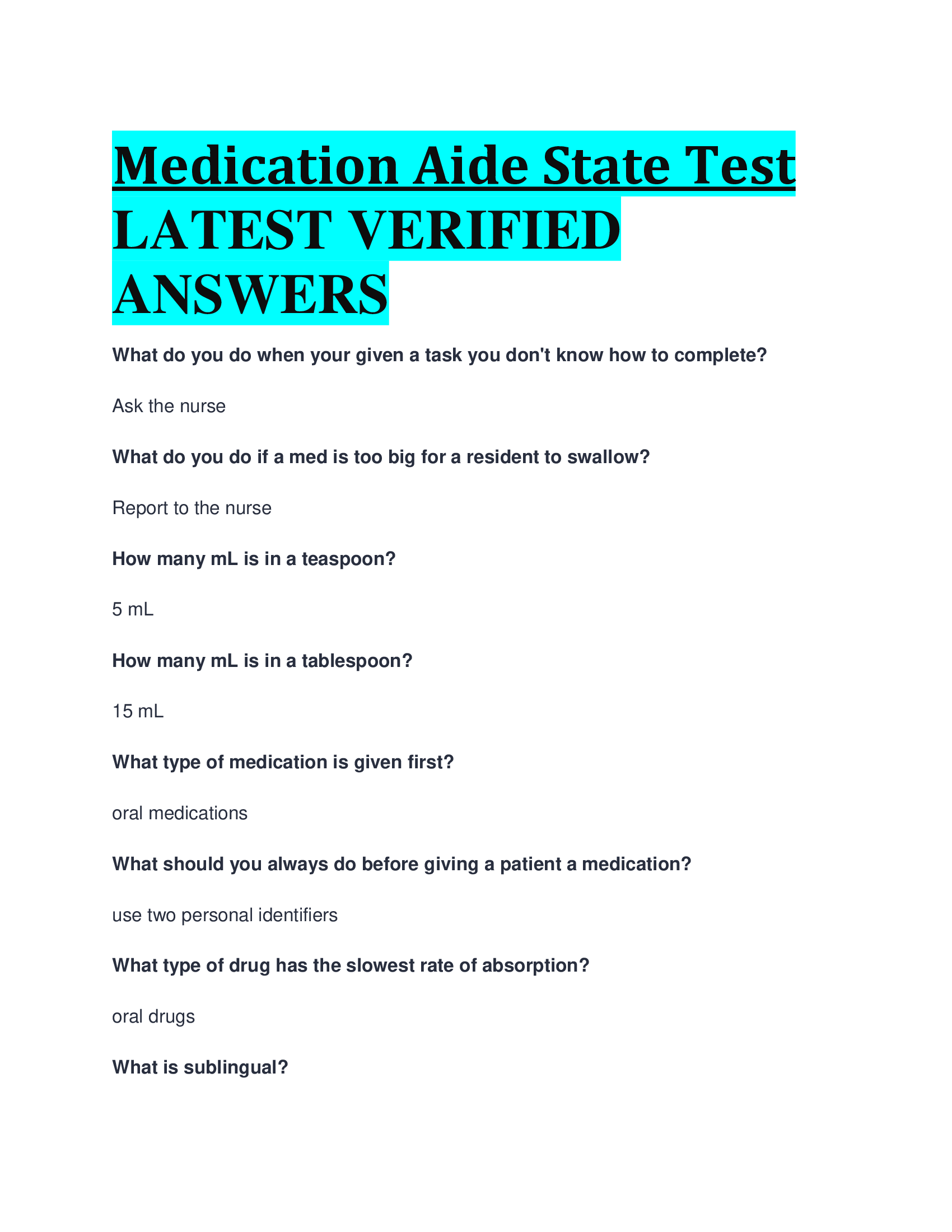 Medication Aide State Test LATEST VERIFIED  ANSWERS