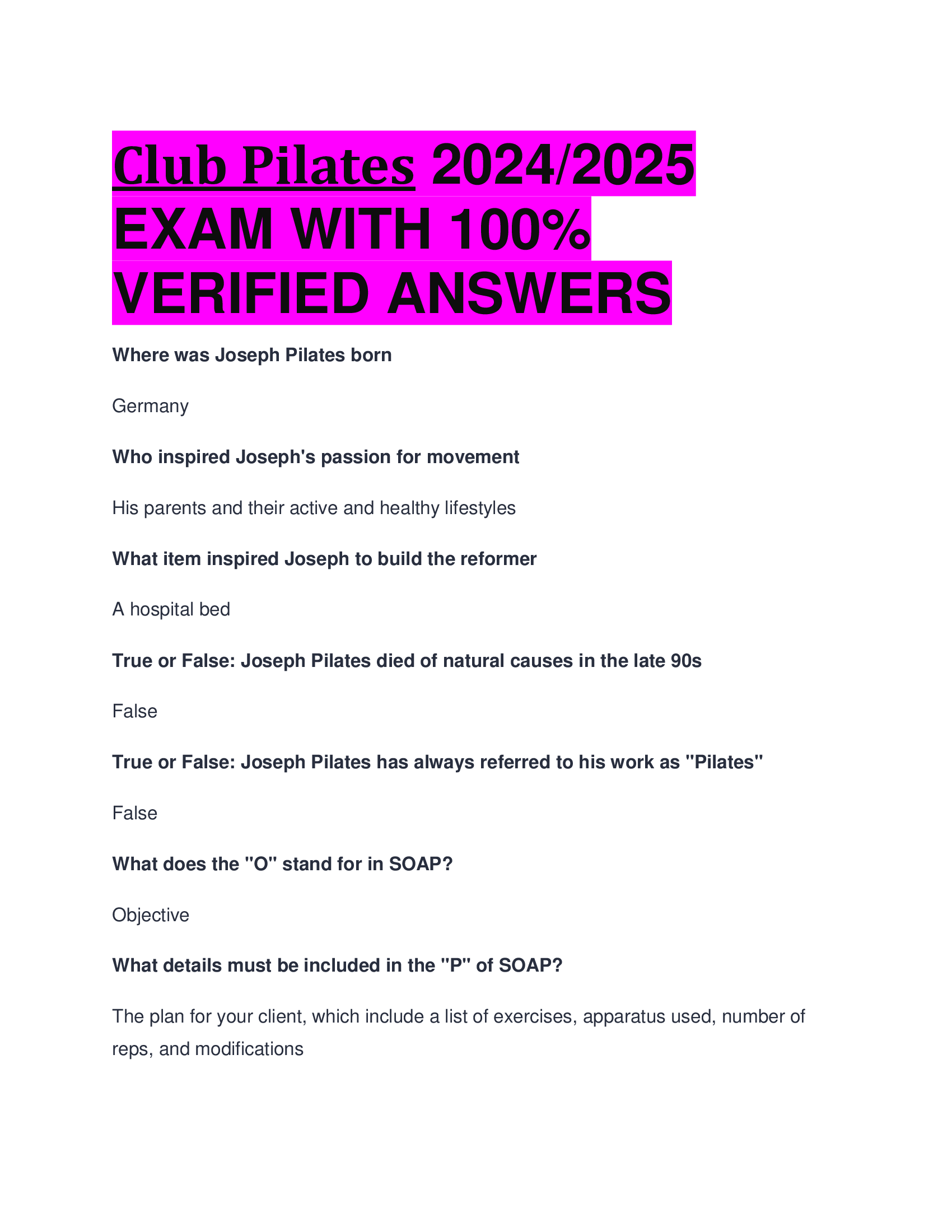 BEST ANSWERS Club Pilates 2024, 2026  EXAM WITH 100 Percent  VERIFIED ANSWERS