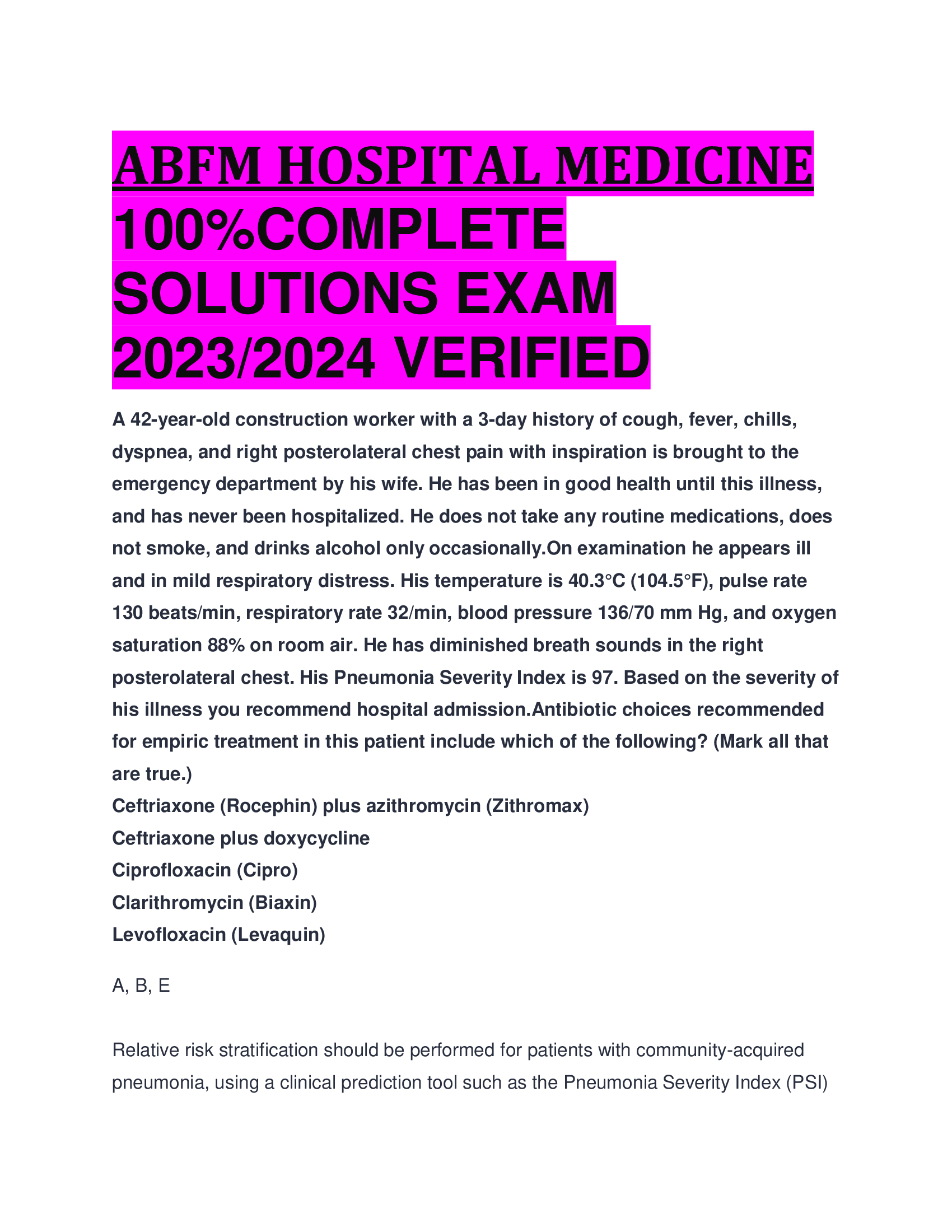 ABFM HOSPITAL MEDICINE COMPLETE  SOLUTIONS EXAM  2023,2024 VERIFIED