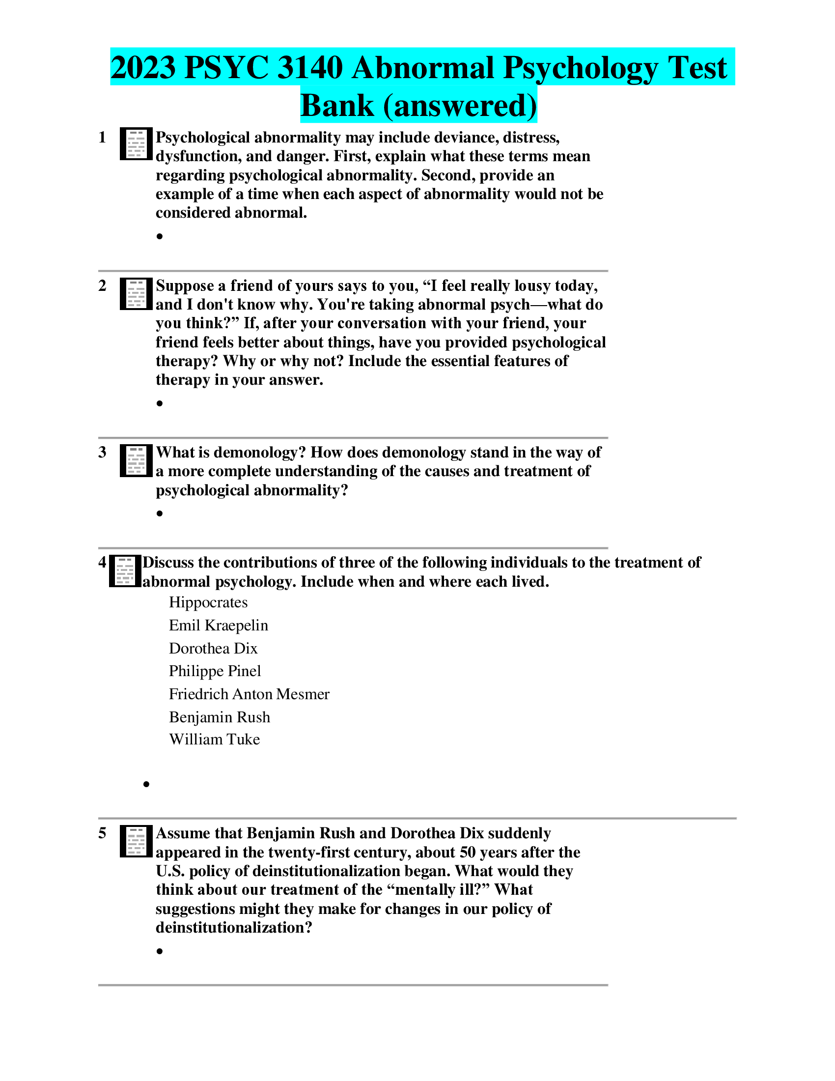 2023,2024 PSYC 3140 Abnormal Psychology Test Bank (answered)