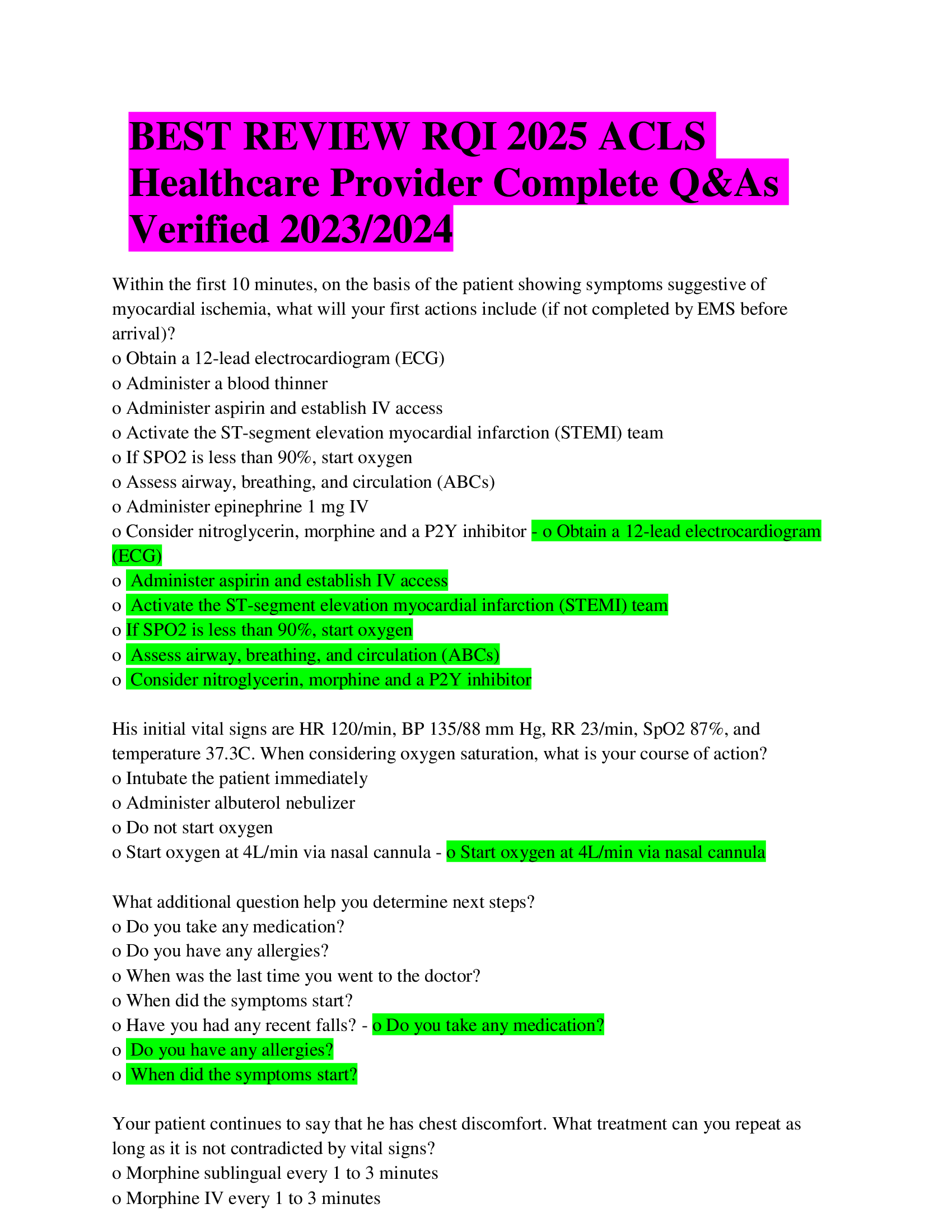 BEST REVIEW RQI 2026 ACLS Healthcare Provider Complete Q&As Verified 2023, 2024