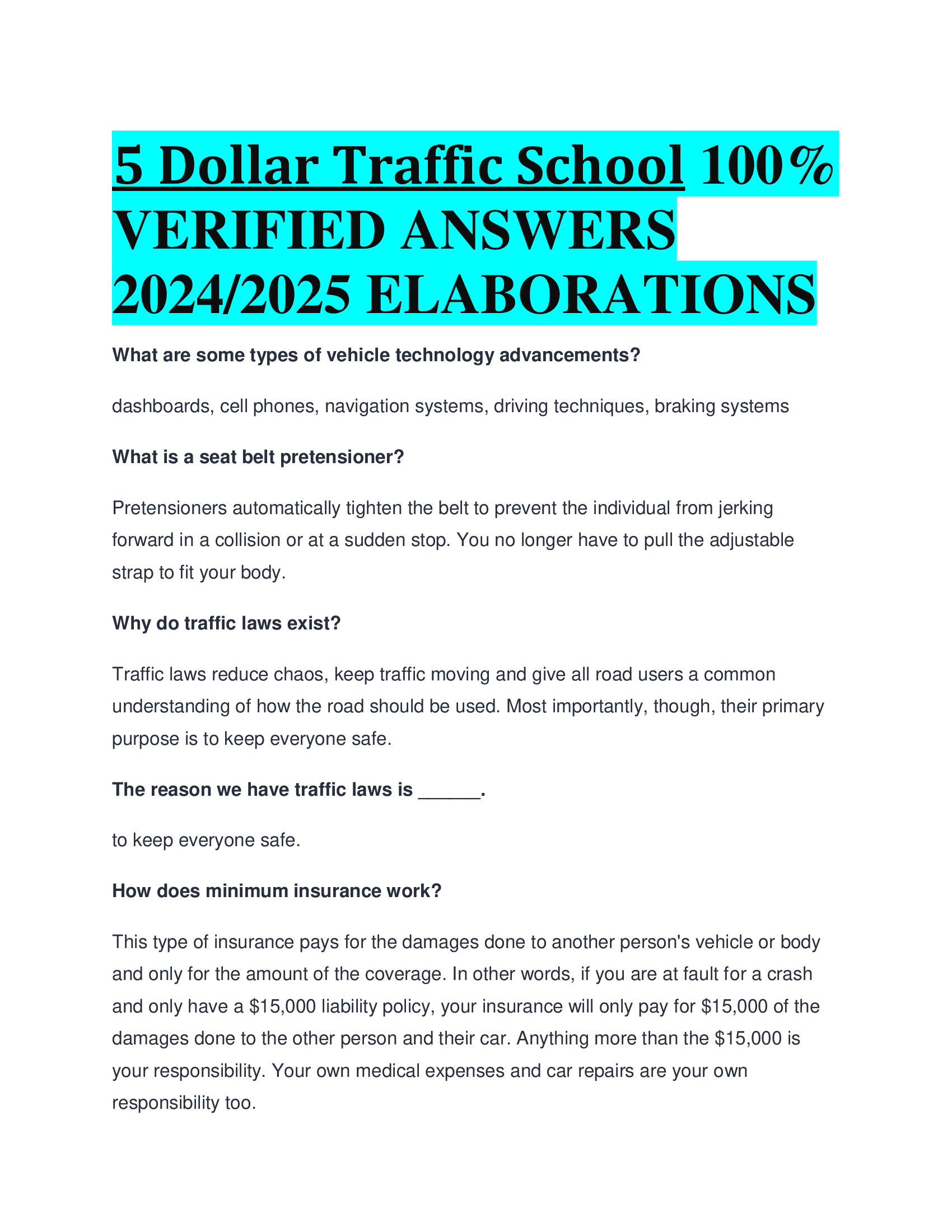 5 Dollar Traffic School VERIFIED ANSWERS  20242026 ELABORATIONS