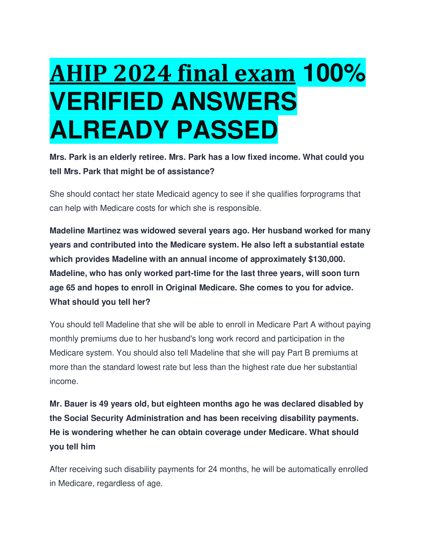 AHIP 2024 final exam VERIFIED ANSWERS  ALREADY PASSED
