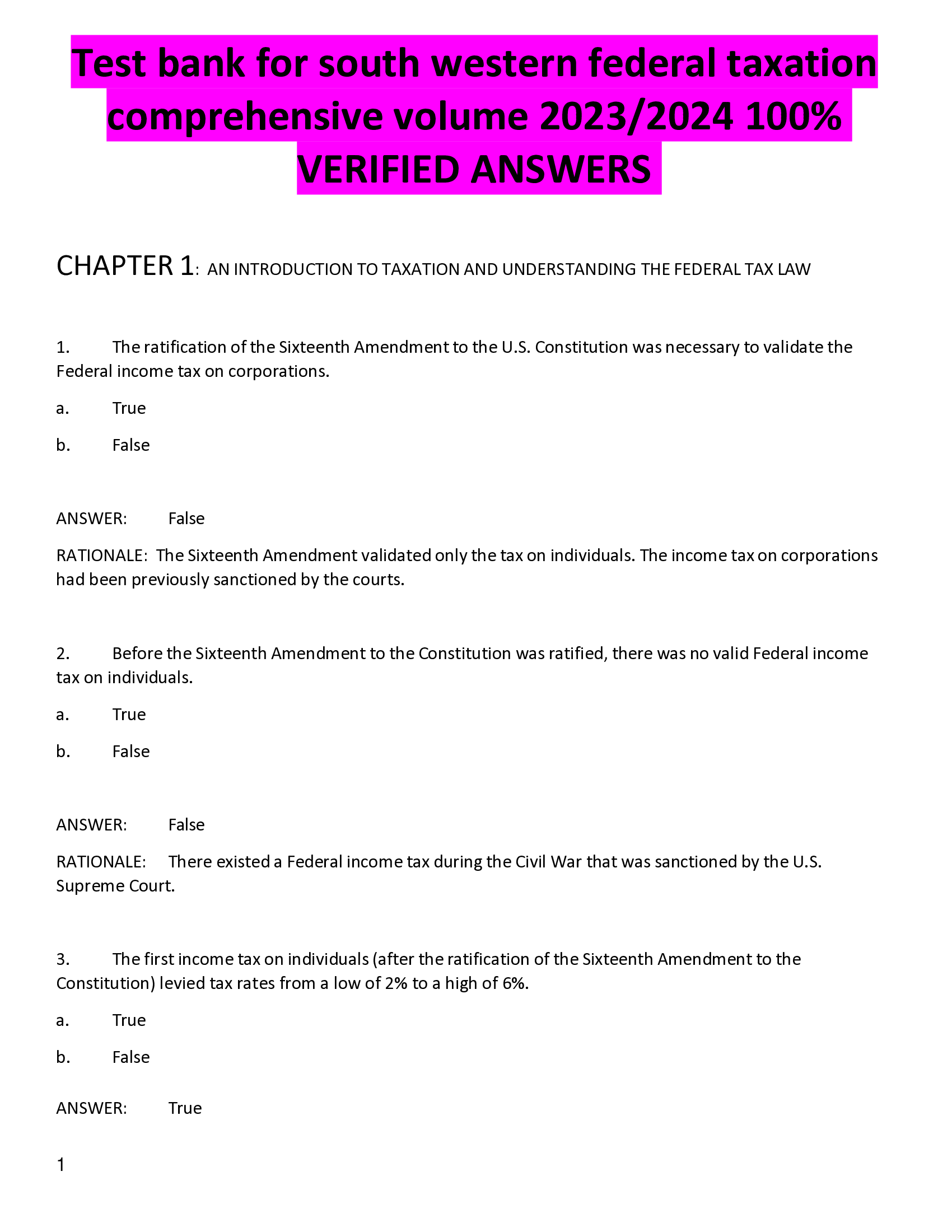 BEST ANSWERS Test bank for south western federal taxation comprehensive volume 2023, 2024  VERIFIED ANSWERS