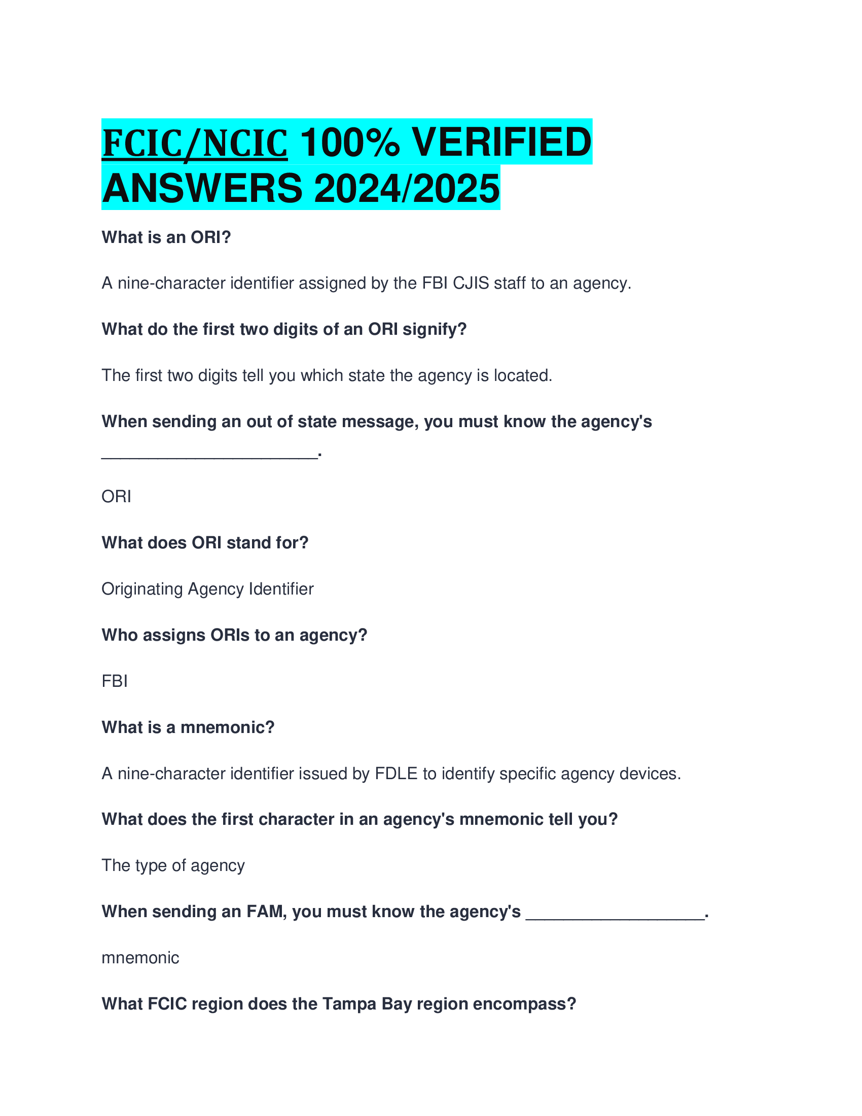 FCIC/NCIC VERIFIED  ANSWERS 20242026