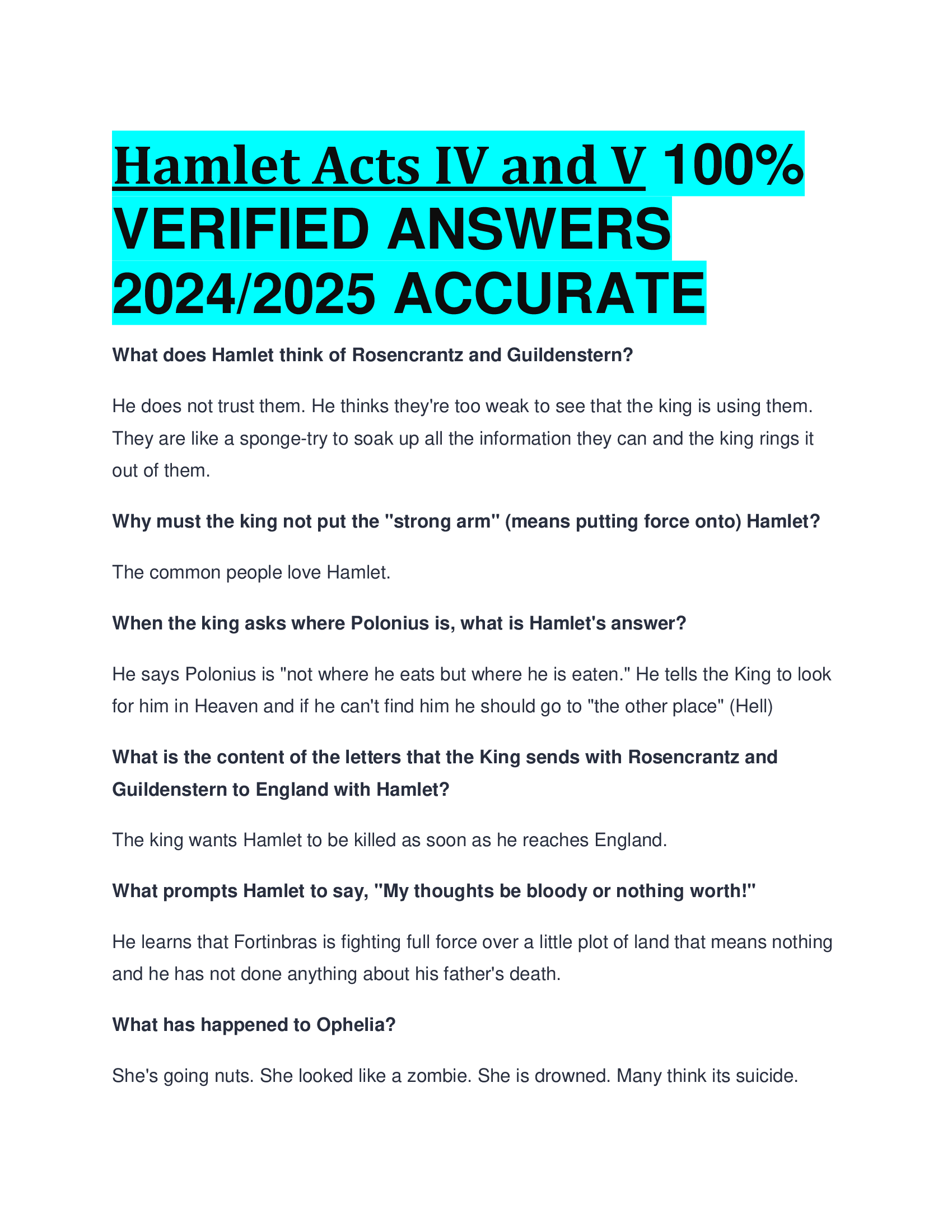 Hamlet Acts IV and V  VERIFIED ANSWERS  20242026 ACCURATE