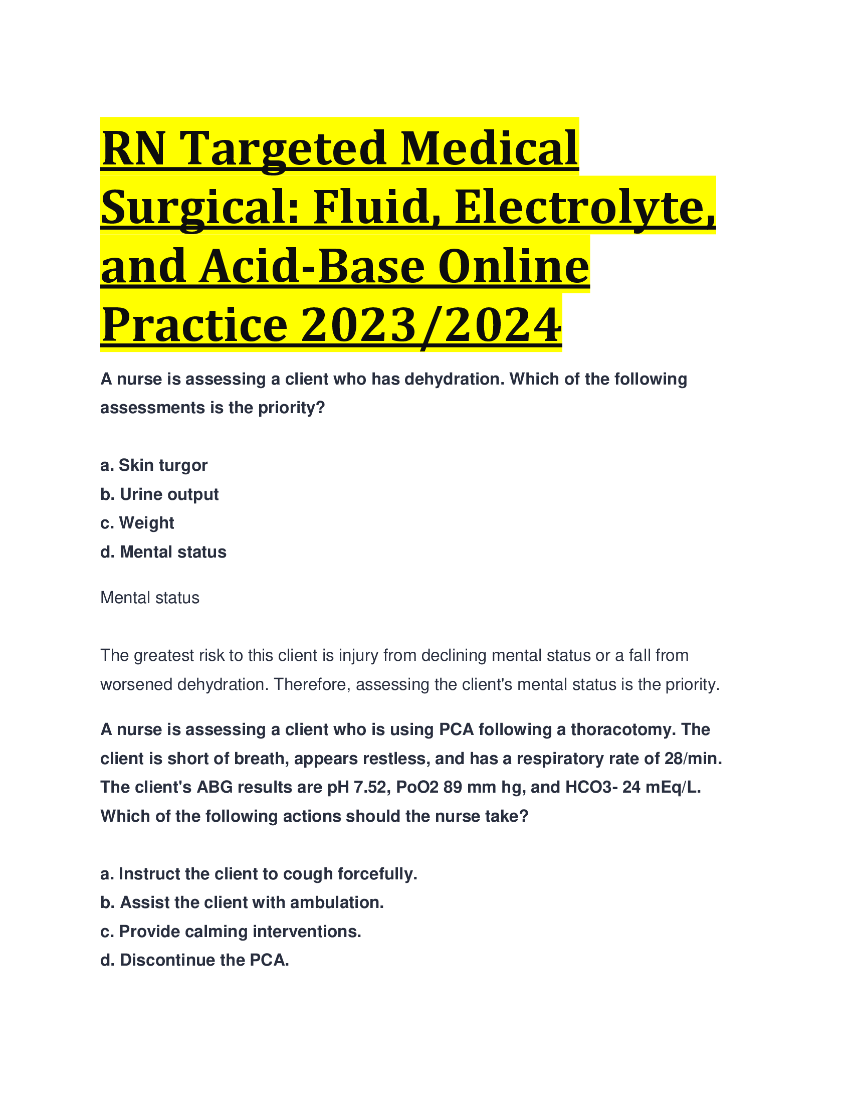 RN Targeted Medical Surgical: Fluid, Electrolyte, and Acid-Base Online Practice 2023,2024