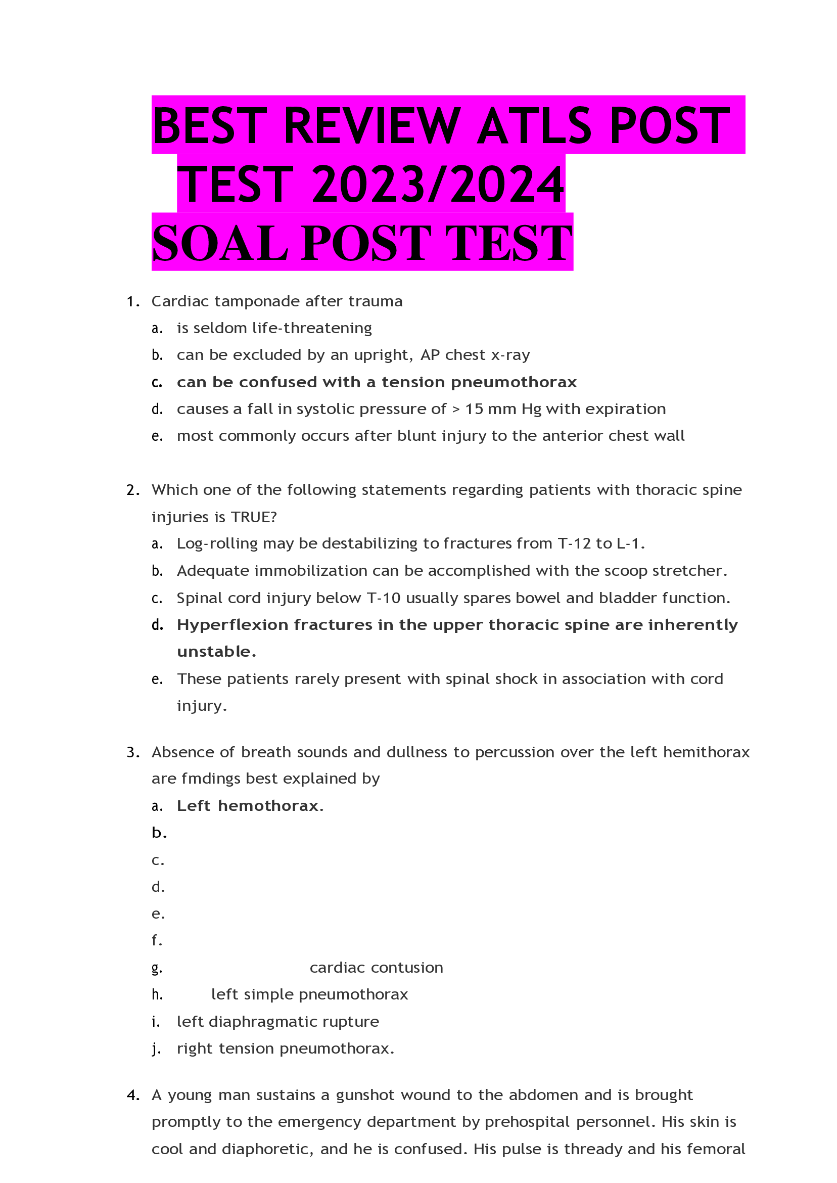BEST REVIEW ATLS POST  TEST 2023, 2024 SOAL POST TEST