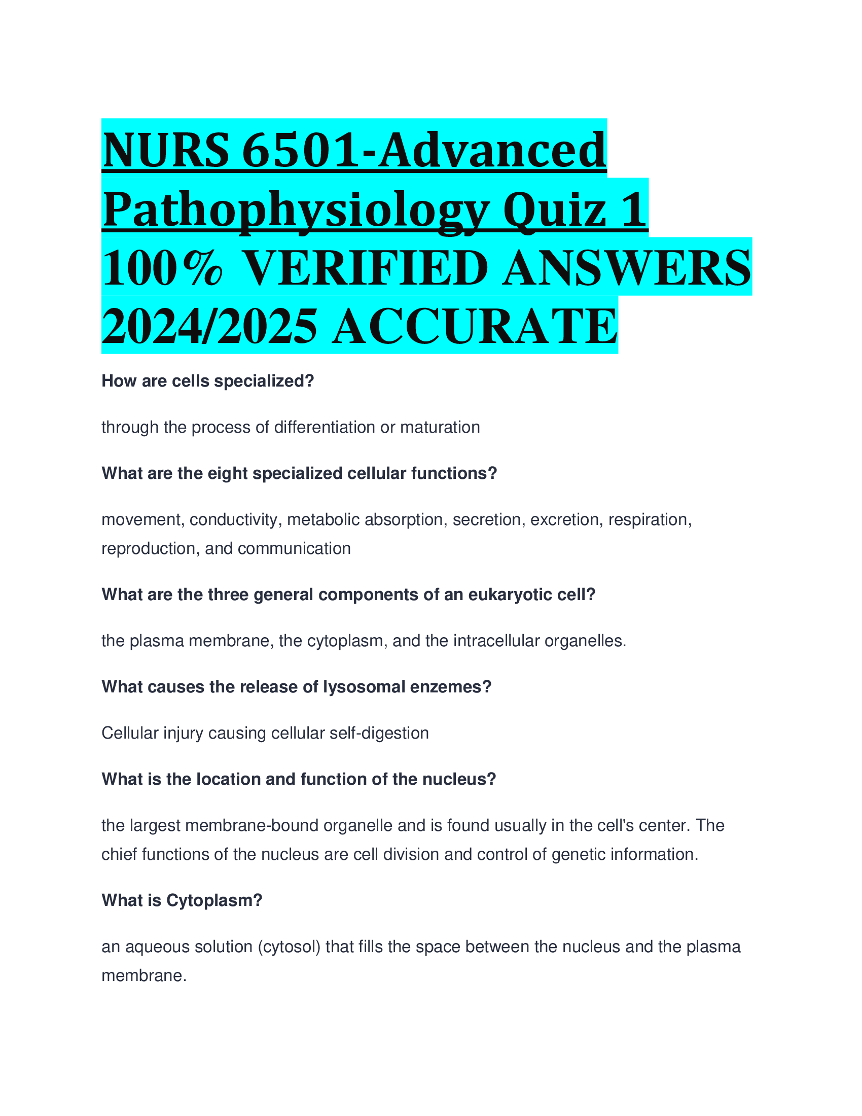 NURS 6501-Advanced Pathophysiology Quiz 1  VERIFIED ANSWERS  20242026 ACCURATE