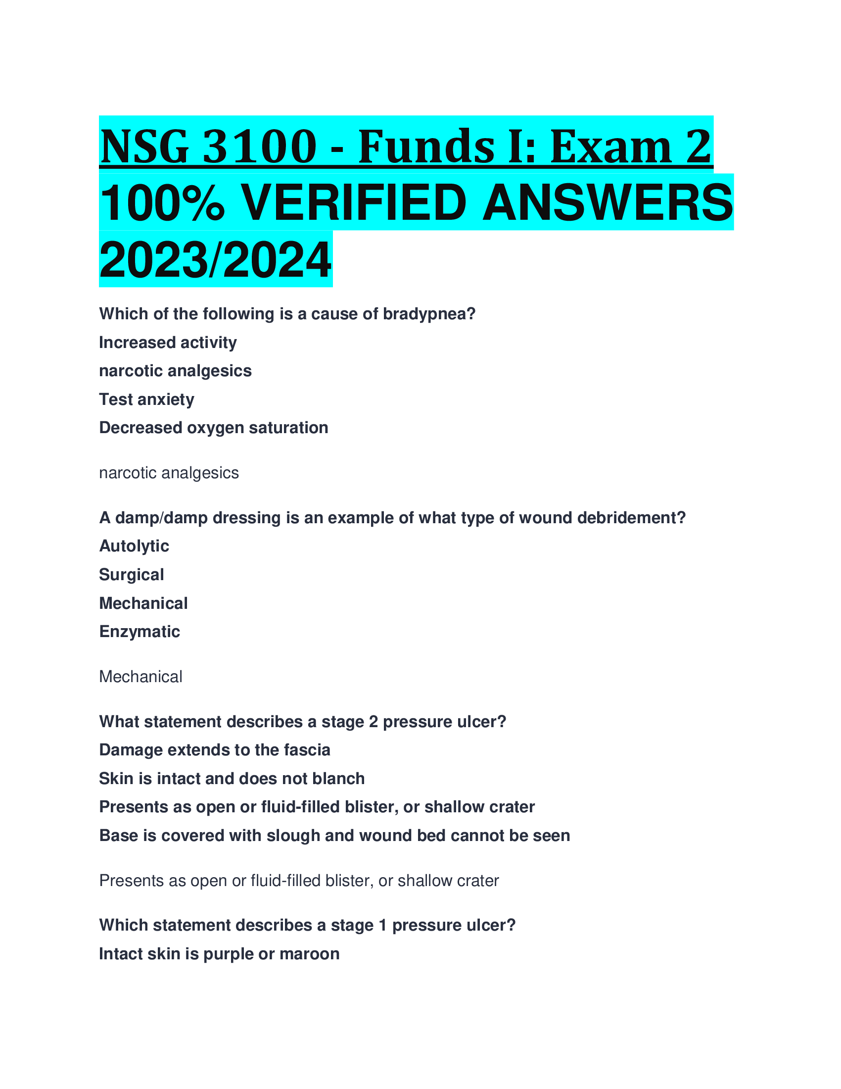 NSG 3100 - Funds I: Exam 2 VERIFIED ANSWERS  2023,2024