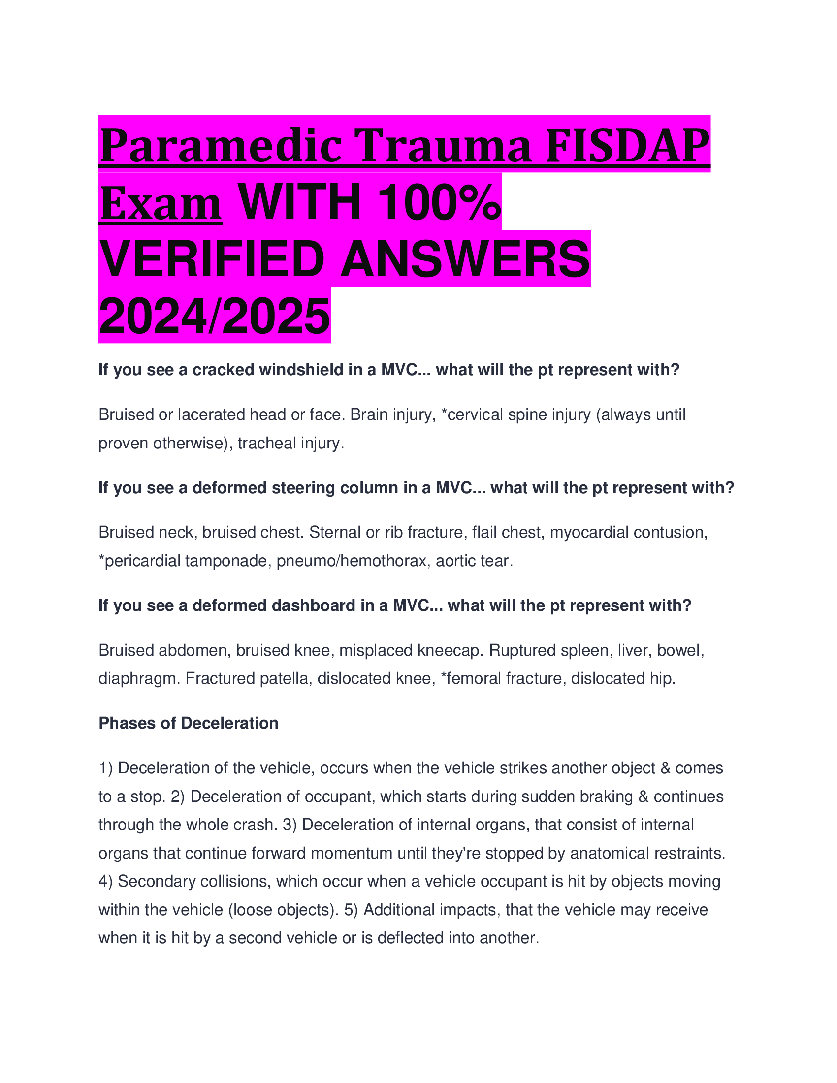 BEST ANSWERS Paramedic Trauma FISDAP Exam WITH VERIFIED ANSWERS  2024, 2026