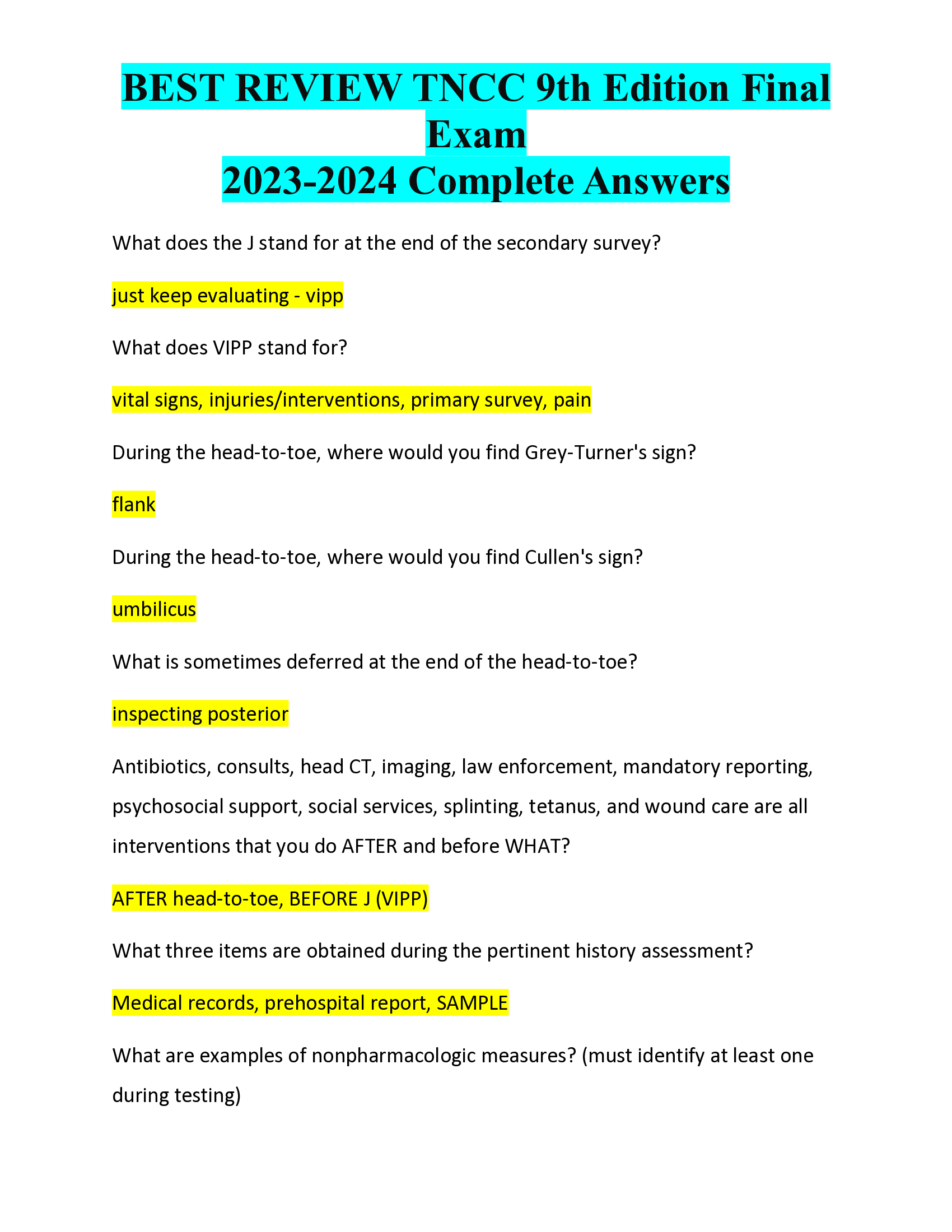 BEST REVIEW TNCC 9th Edition Final  Exam 2023-2024 Complete Answers